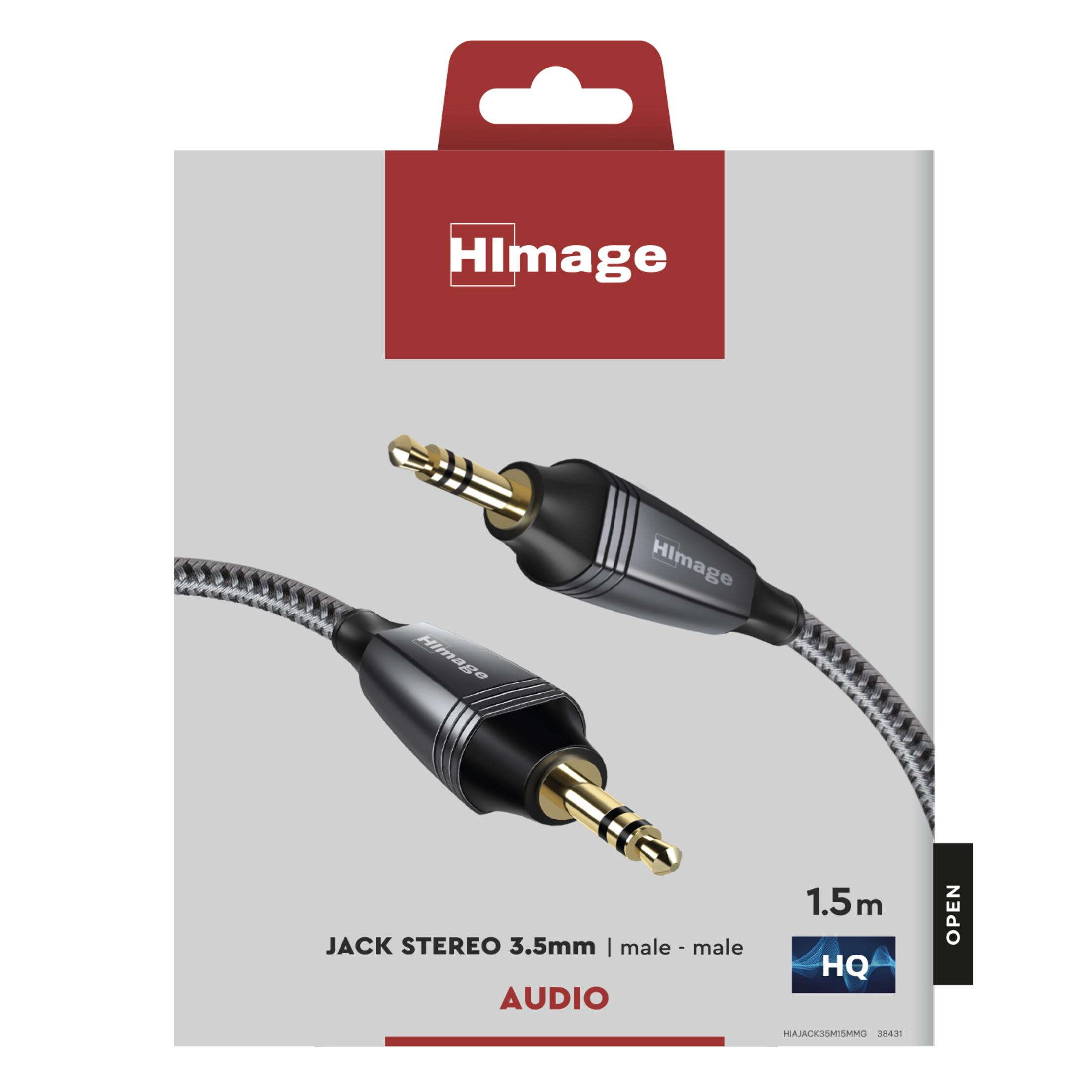 Embalaje para un cable de audio estéreo HImage de 1,5 m y 3,5 mm, de macho a macho.