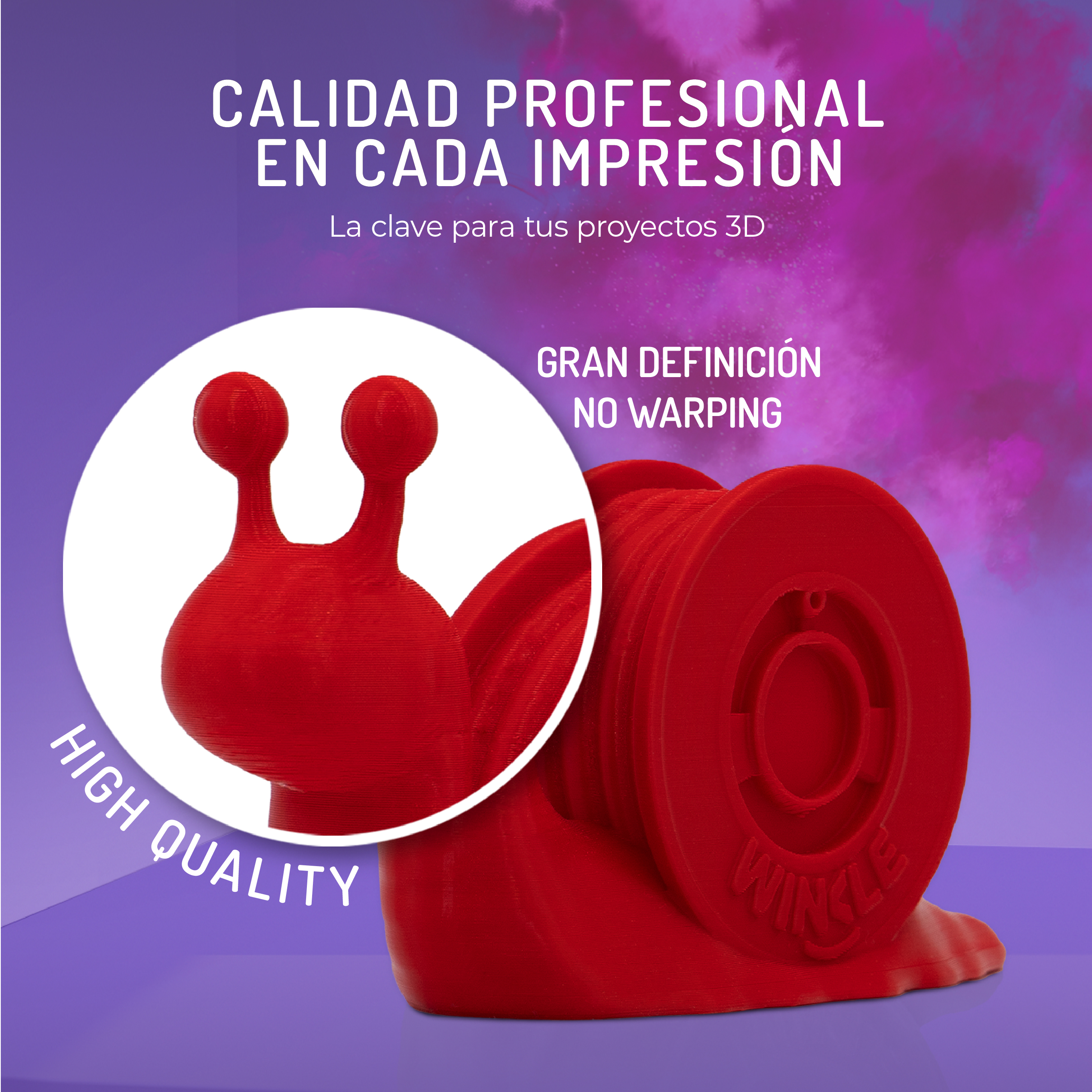 Un objeto de caracol rojo impreso en 3D con texto sobre fondo morado.