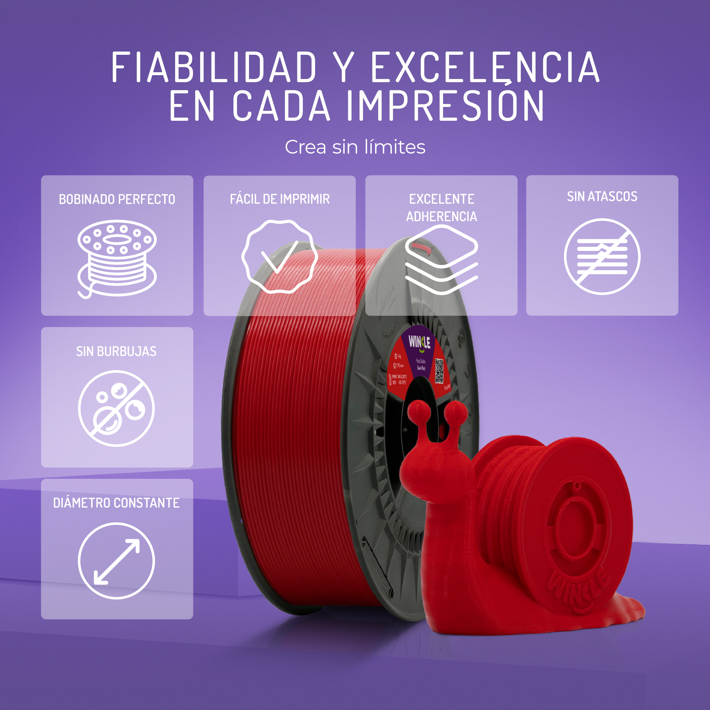 Carrete de filamento rojo para impresora 3D con un caracol rojo al lado.