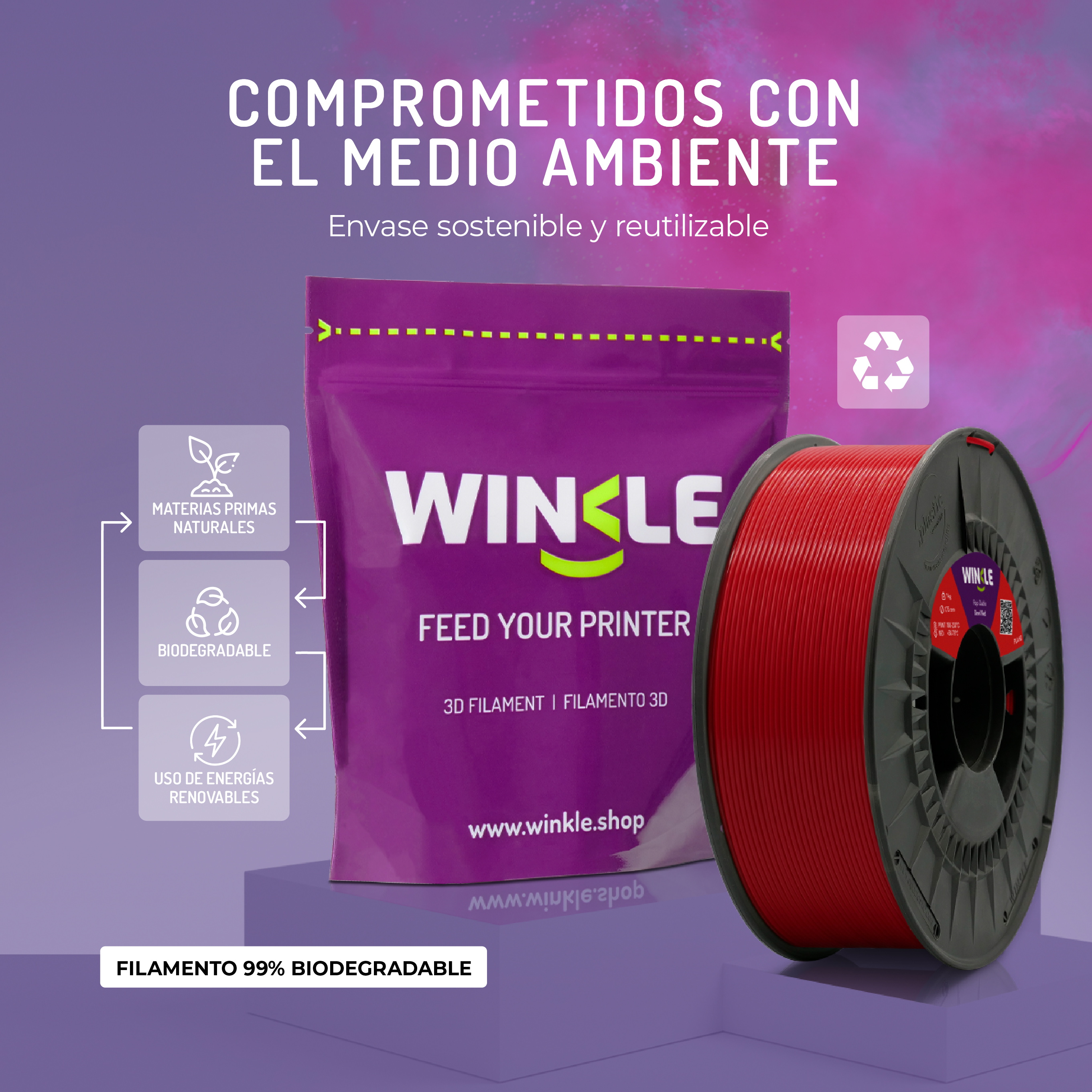 Carrete de filamento 3D rojo junto a una bolsa morada. Iconos de materiales naturales, biodegradables y energía renovable.