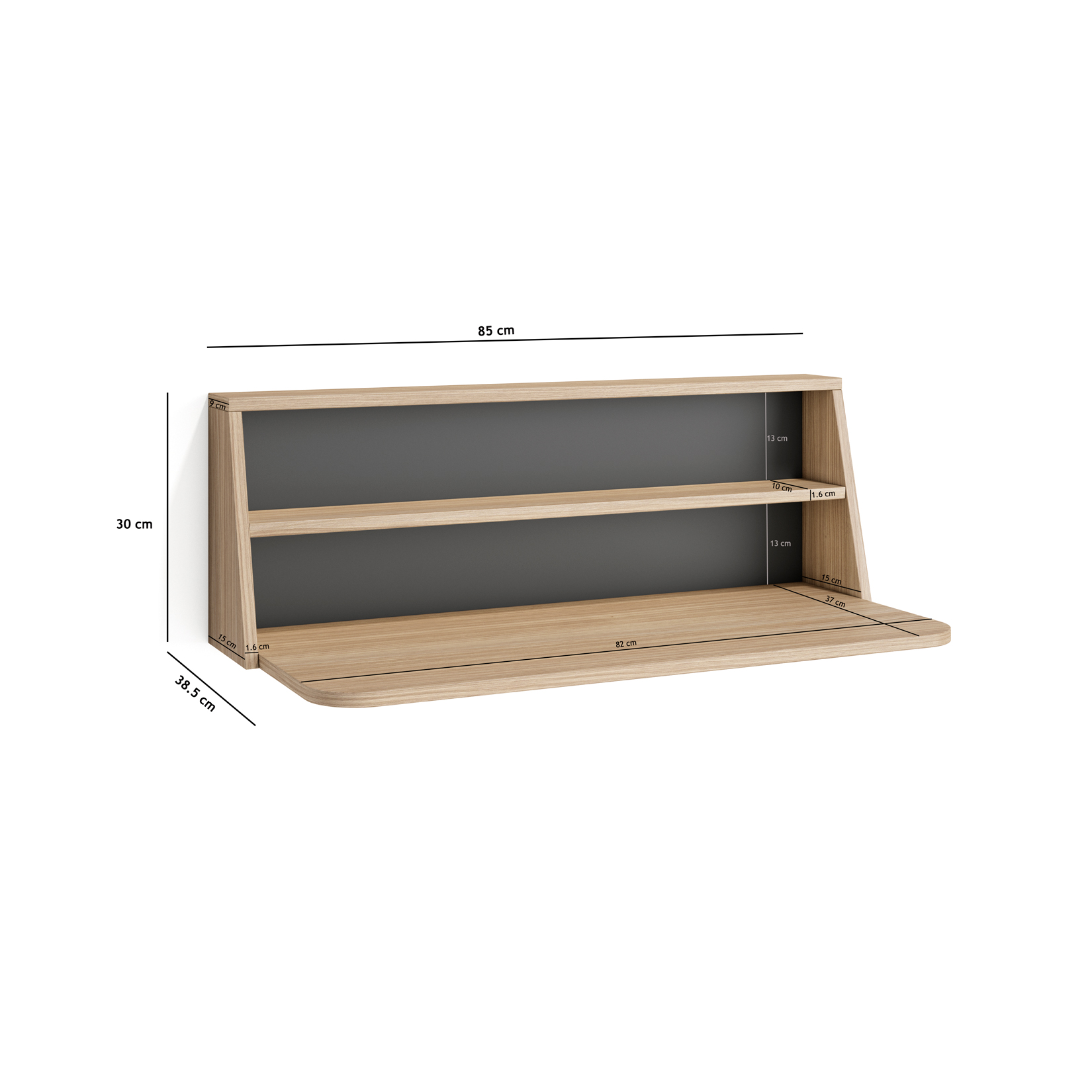 Un estante de pared de madera con dos compartimentos y dimensiones.