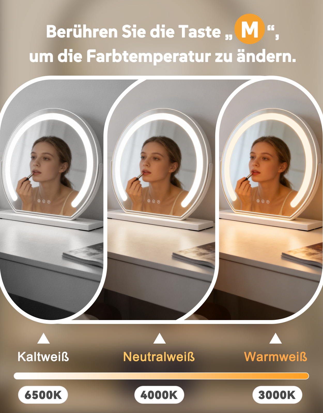 Un espejo de maquillaje muestra tres colores de luz diferentes: blanco frío, blanco neutro y blanco cálido.