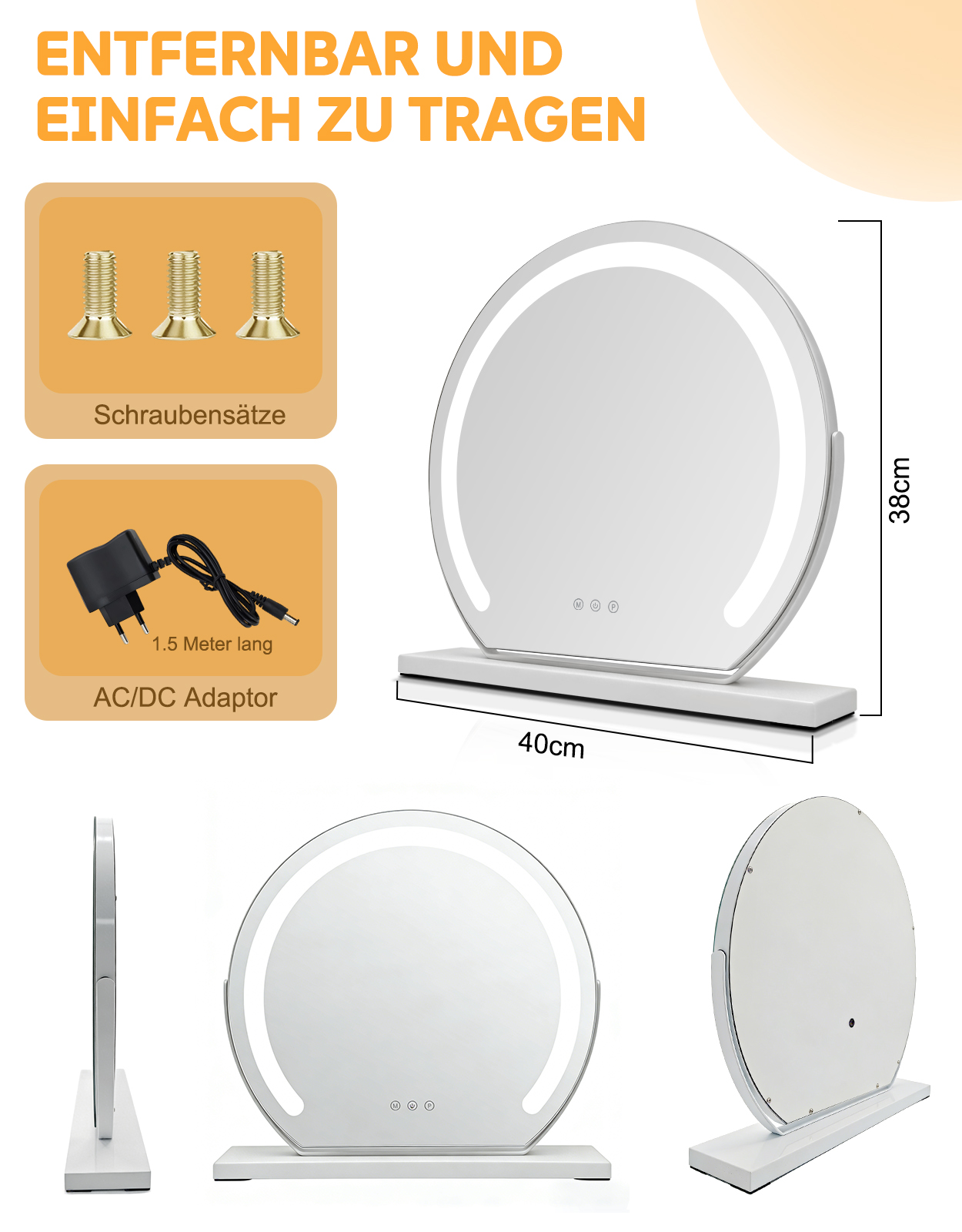 Un espejo de maquillaje con luz LED, incluye tornillos y adaptador.
