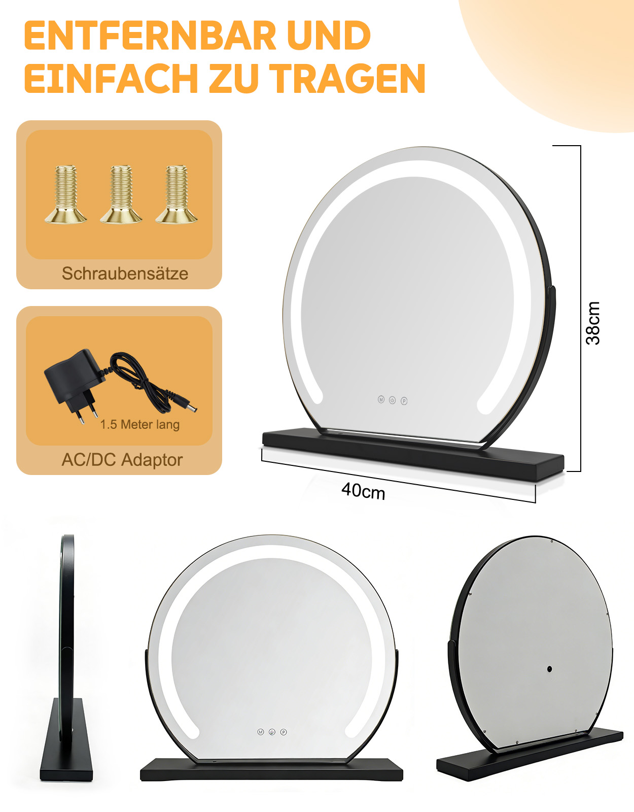 Espejo de maquillaje redondo LED, 40x38cm, incluye tornillos y adaptador.