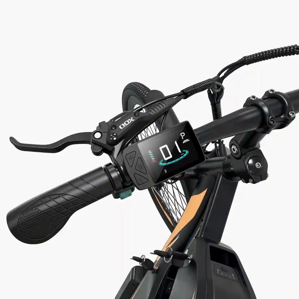 Manubrio e-bike con display che mostra velocità e livello batteria.