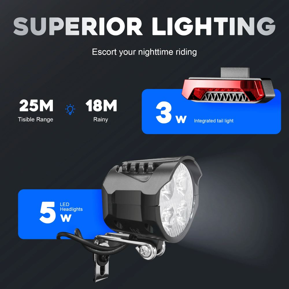 Illuminazione bici: fari LED 5W, fanale posteriore integrato 3W, visibilità 25m.