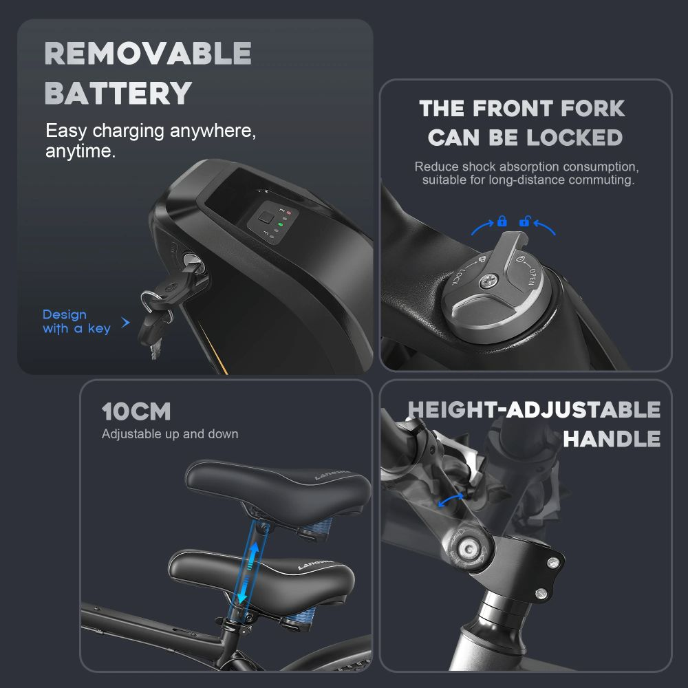 Caratteristiche e-bike: batteria rimovibile, forcella bloccabile, sella e manubrio regolabili.