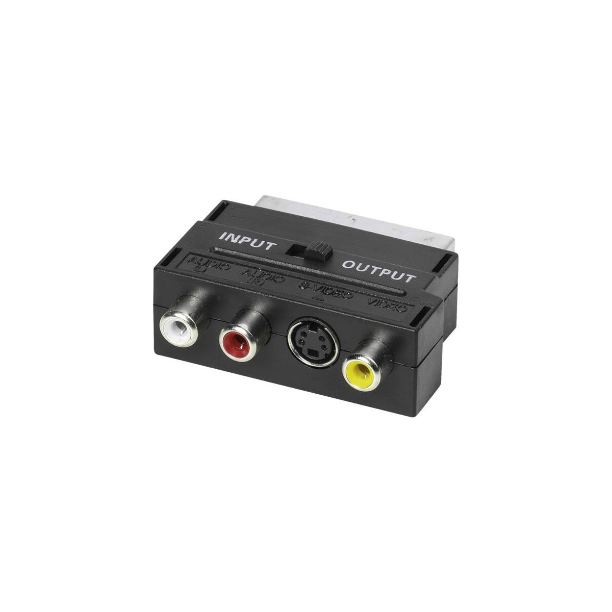 Adattatore SCART nero con connettori ingresso/uscita, RCA e S-Video.