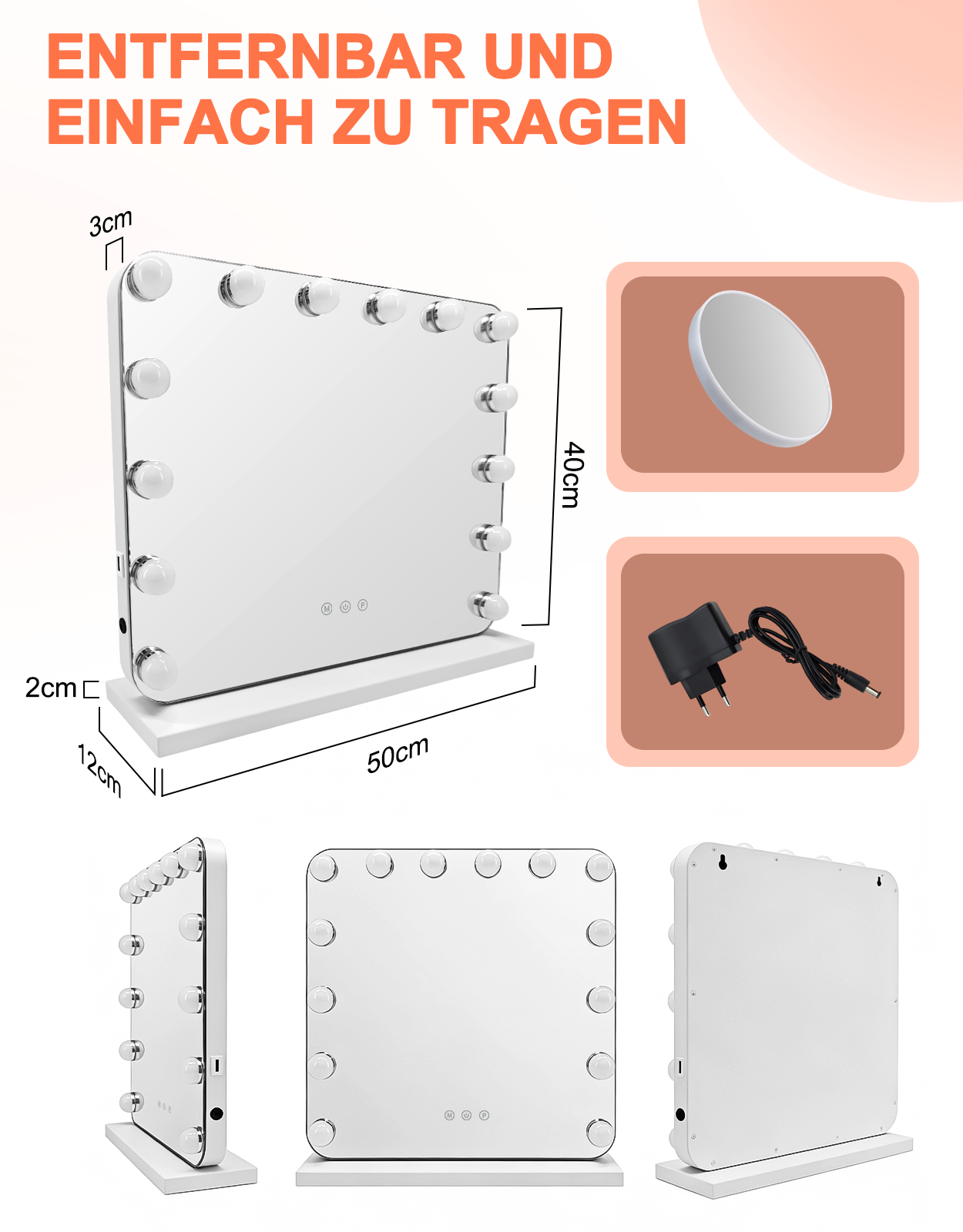 Un espejo de maquillaje iluminado con bombillas y base blanca. Se muestran las dimensiones.
