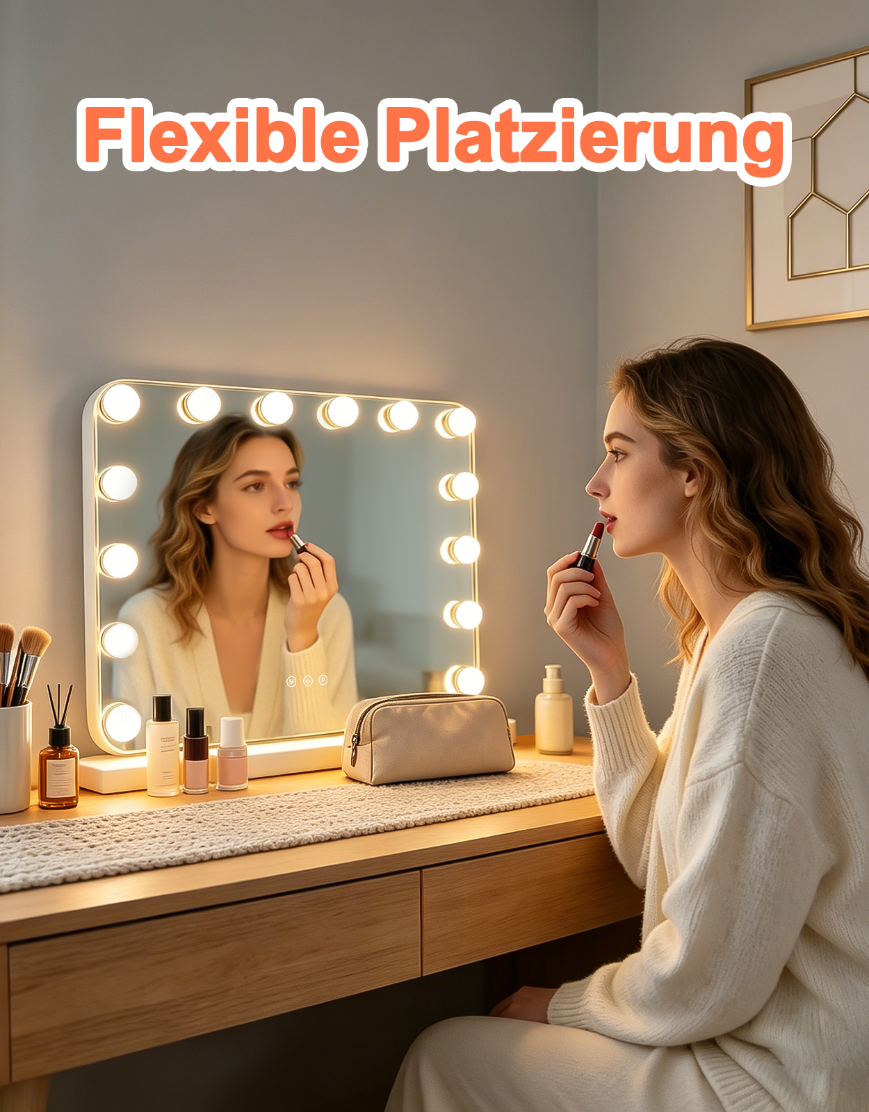 Una mujer se aplica lápiz labial frente a un espejo de tocador iluminado.