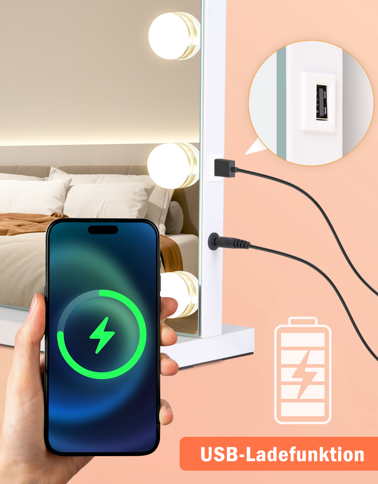 Un teléfono se sujeta ante un espejo iluminado que muestra la función de carga USB.