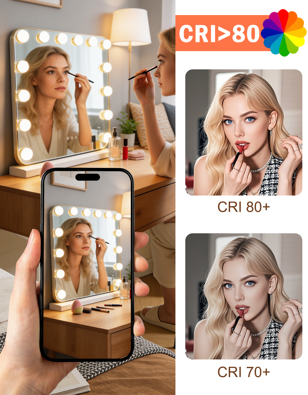 Mujer maquillándose en espejo iluminado, teléfono muestra reflejo, comparación CRI.