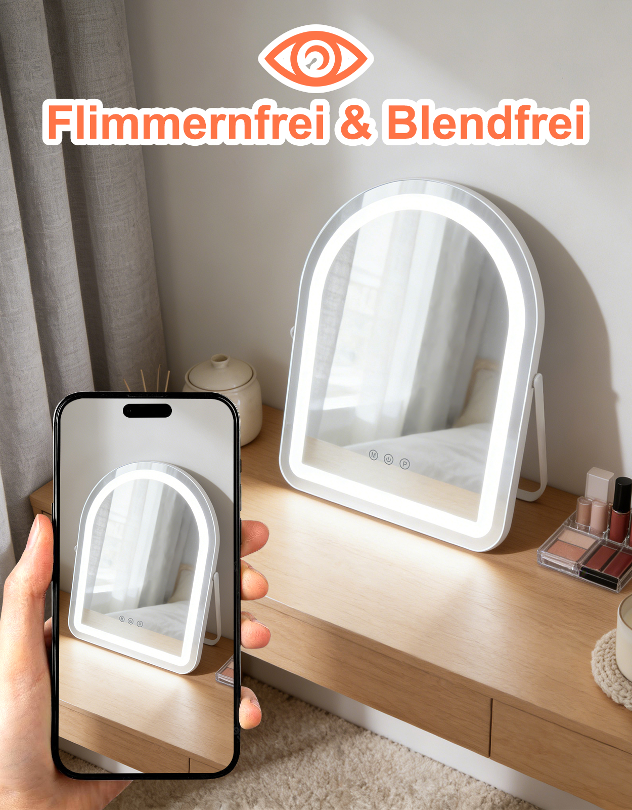 Un espejo de maquillaje iluminado en un tocador de madera con maquillaje al lado.