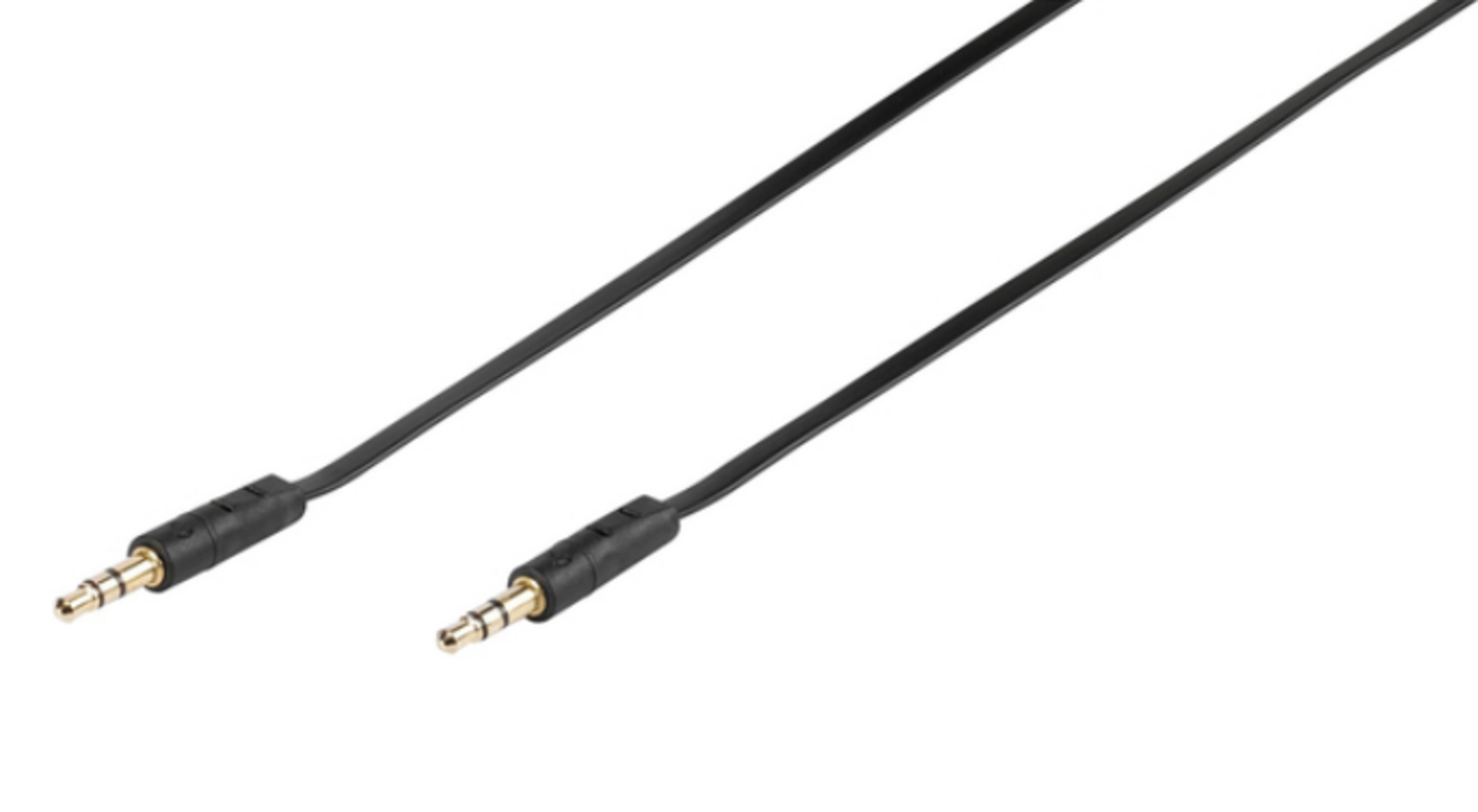 Dos cables de audio negros con conectores de 3,5 mm sobre fondo blanco.