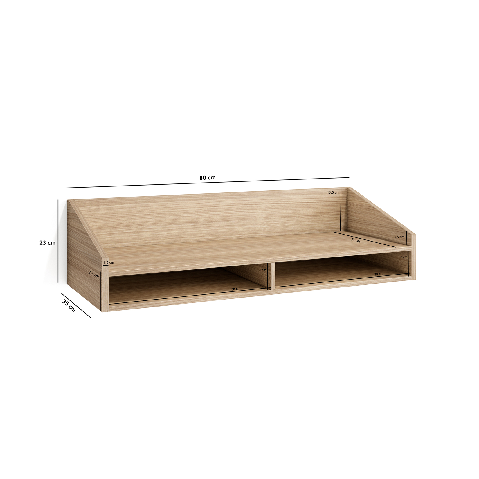 Una estantería de pared marrón claro con dos compartimentos y medidas.