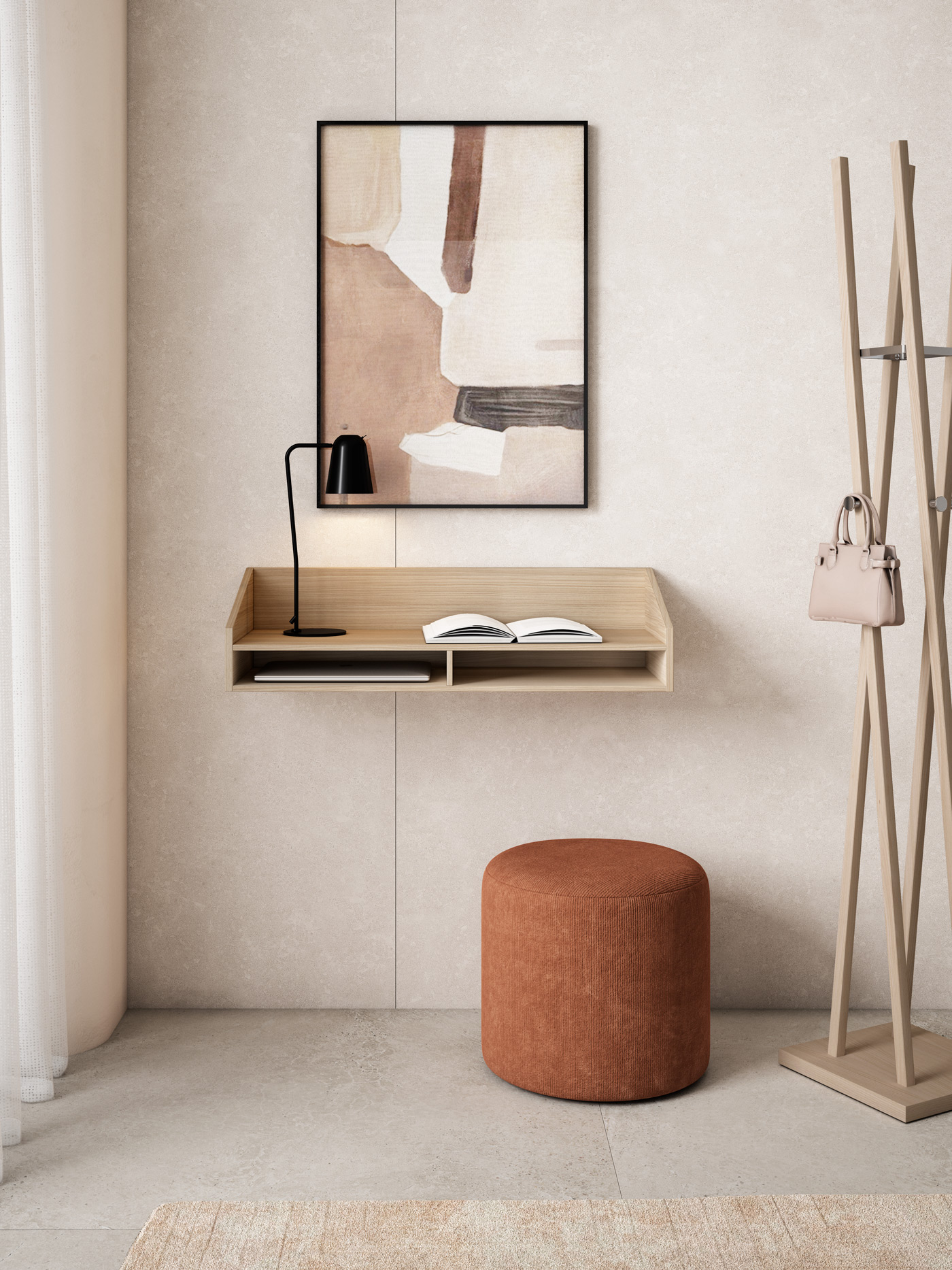 Un estante de pared minimalista con lámpara, libro y portátil, junto a un taburete y perchero.