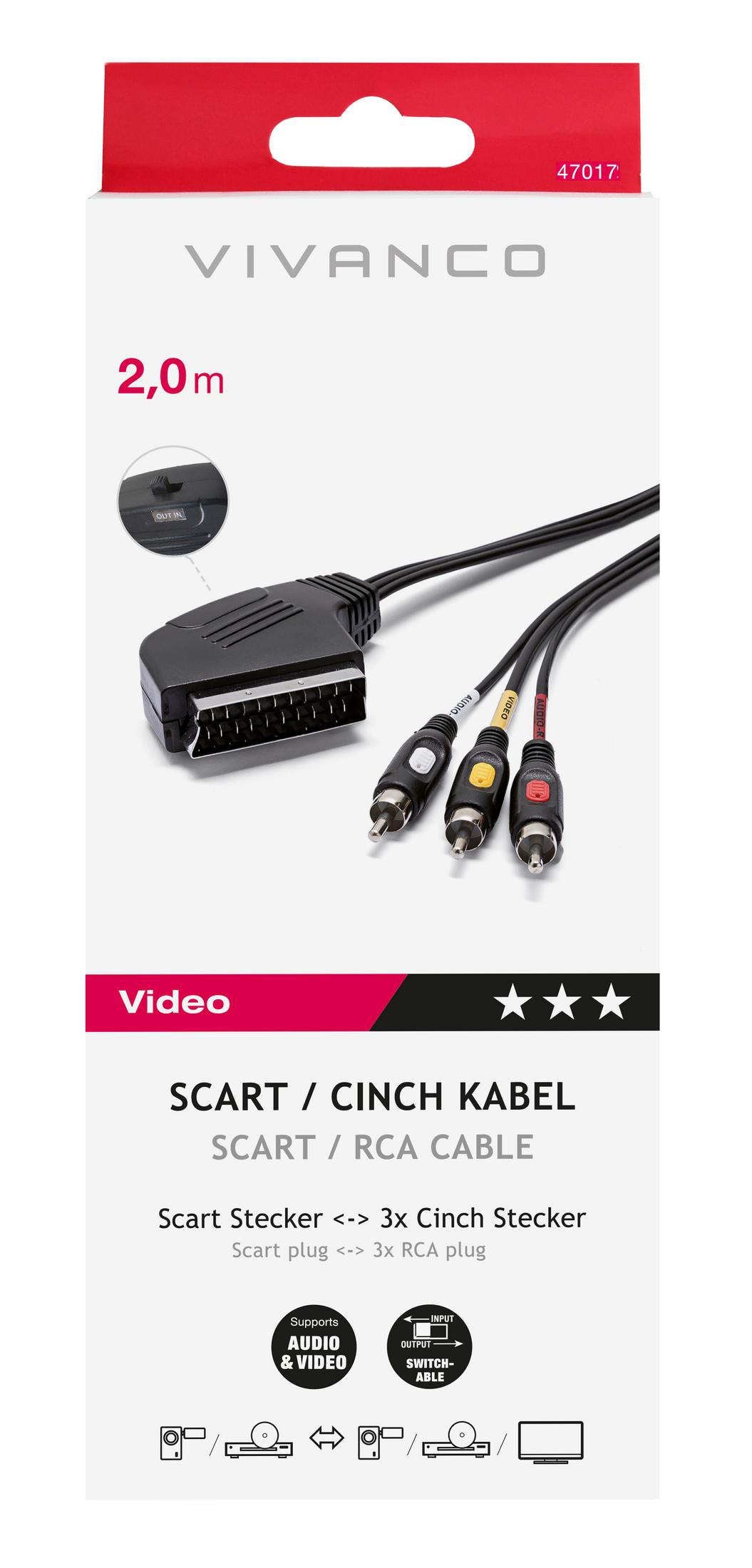 Cable Vivanco SCART a 3x RCA de 2 m con interruptor de audio y vídeo.
