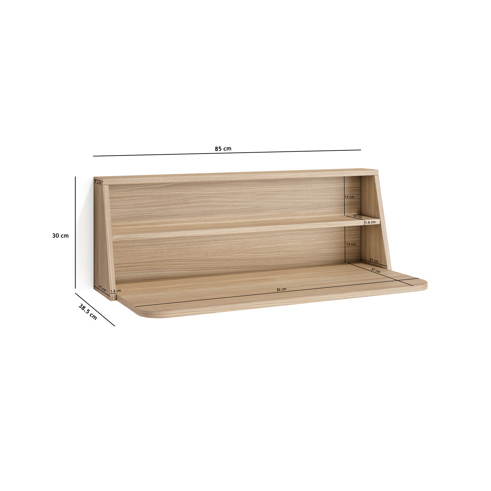 Un estante de pared de madera con dos niveles, mide 85x30x38,5 cm.