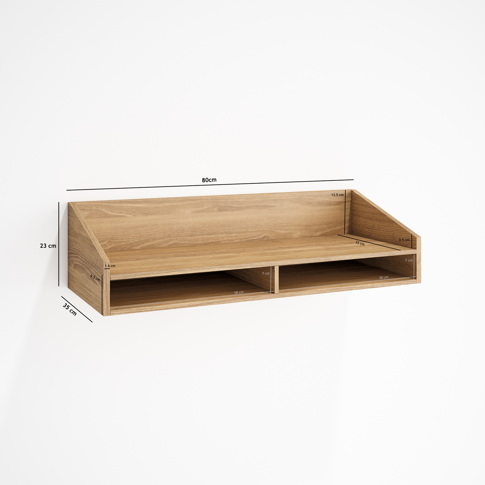 Un estante de pared de madera con dos compartimentos, dimensiones 80x35x23 cm.