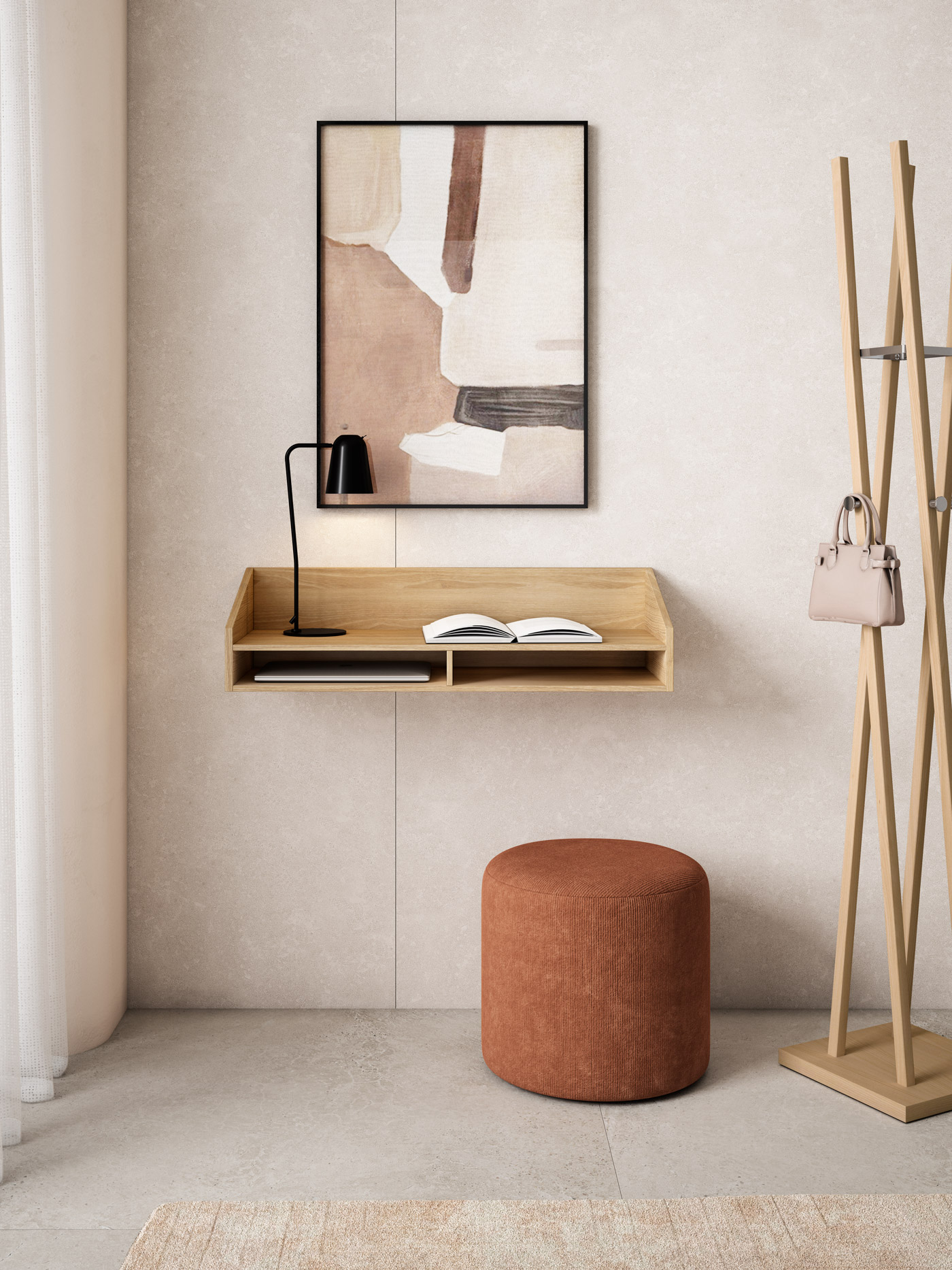 Escritorio de pared de madera con lámpara, libro y portátil. Taburete y perchero.