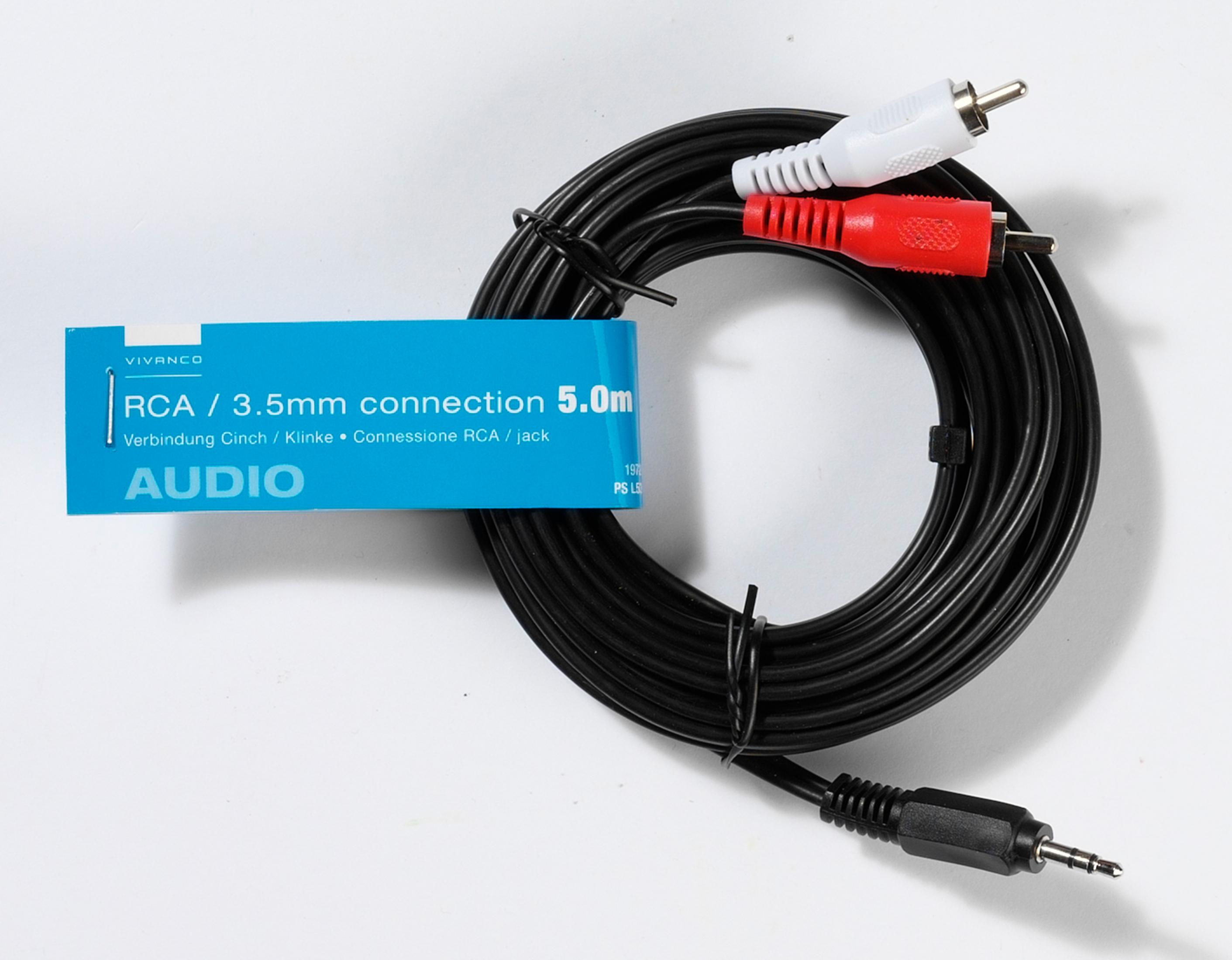 Cable de audio negro con conectores RCA y 3,5 mm, 5 m de longitud.