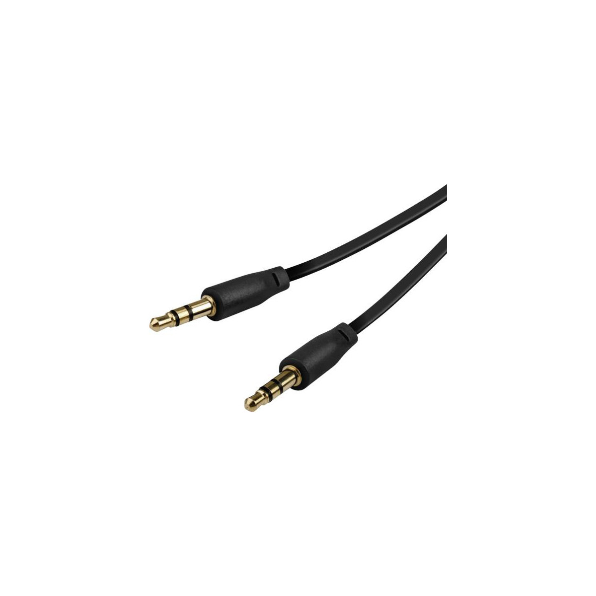 Un cable de audio negro con dos conectores jack de 3,5 mm.
