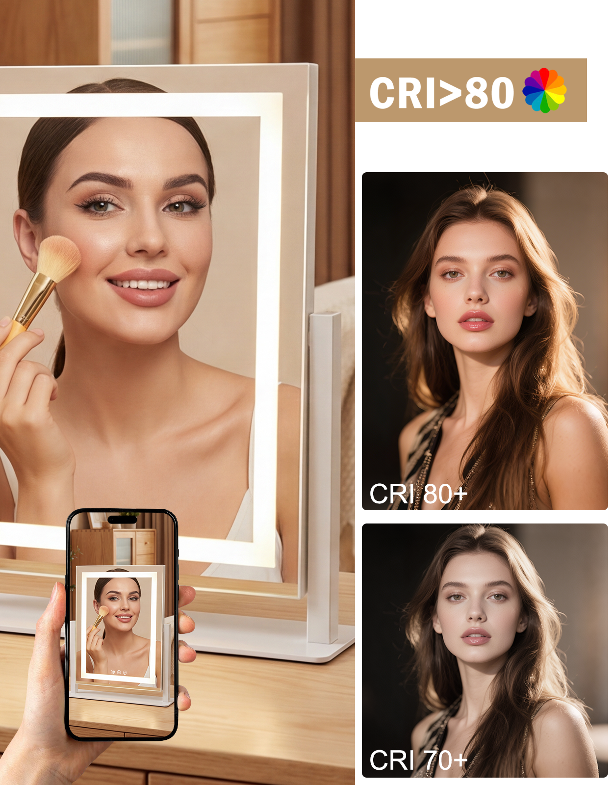 Mujer aplicándose maquillaje con brocha frente a espejo iluminado. CRI 80+ y 70+.