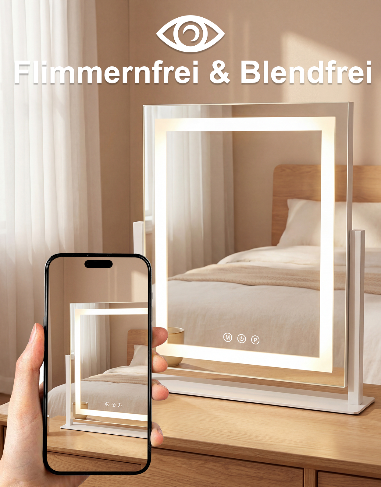 Un espejo de maquillaje iluminado en una mesa de madera, con un teléfono reflejándolo.