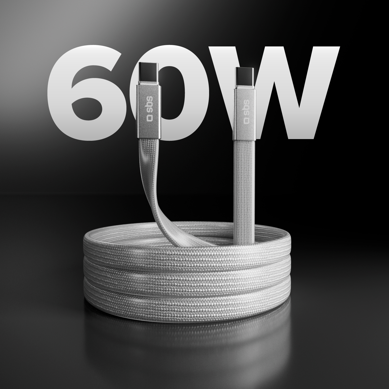 Un cable USB-C gris de 60W enrollado con dos conectores.