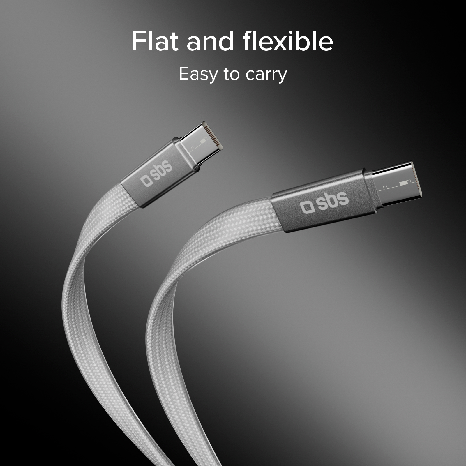 Dos cables USB-C blancos con logo SBS gris sobre fondo oscuro.