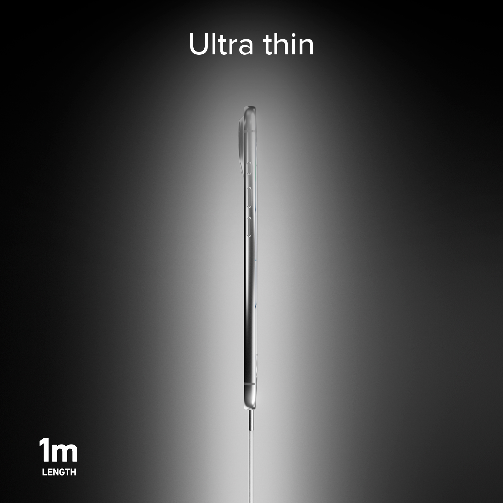 Smartphone ultrafino con cable de 1m, mostrado sobre fondo degradado gris.