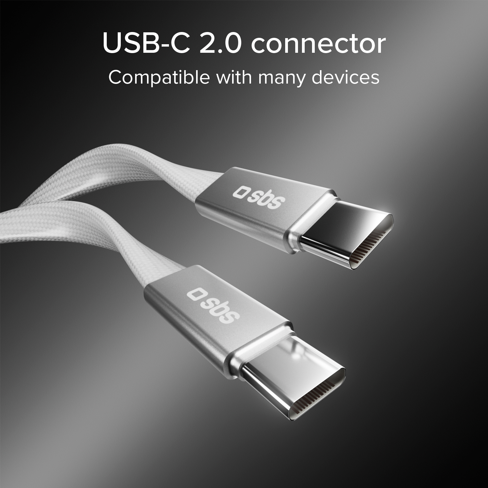 Dos cables USB-C blancos con conectores plateados y logo SBS.