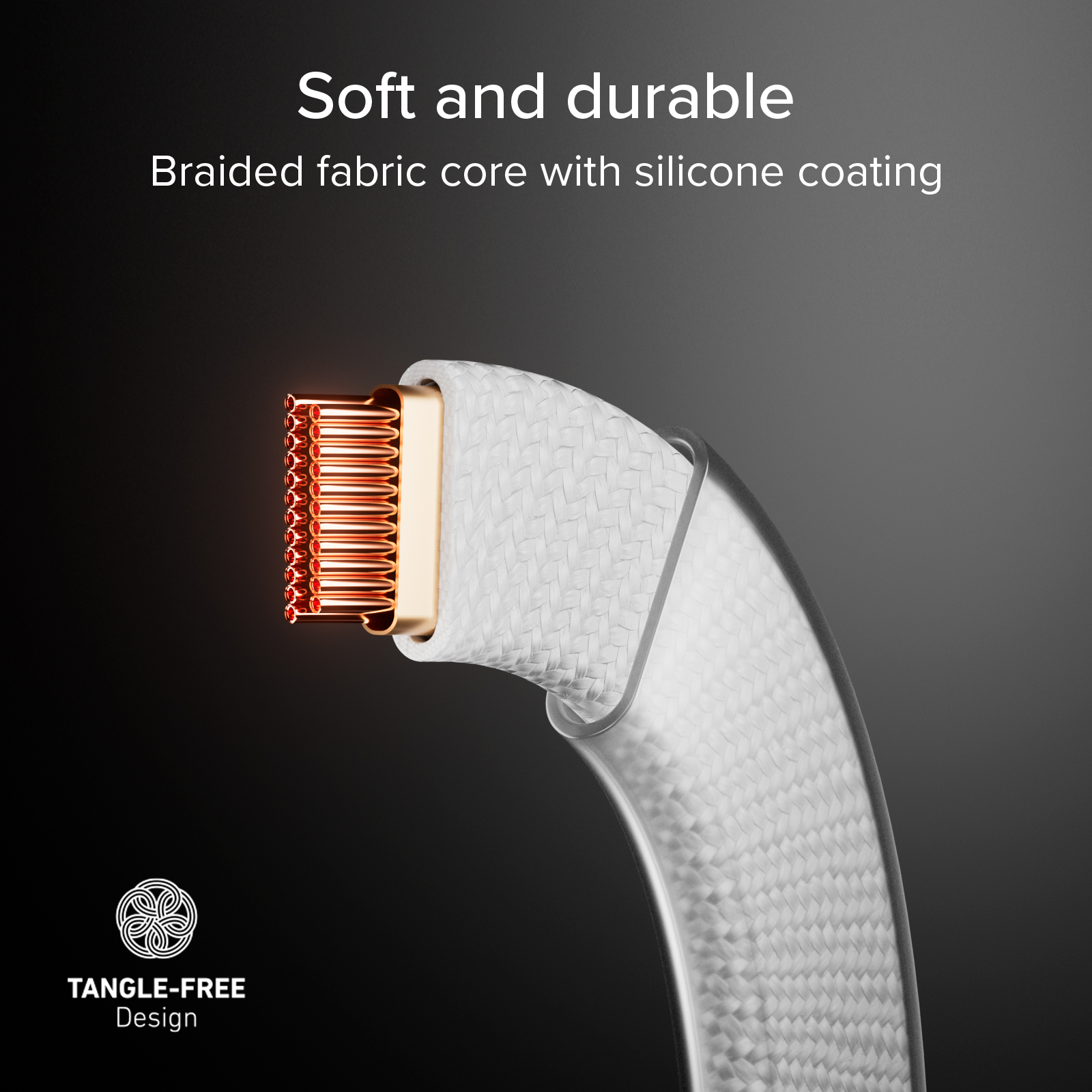 Núcleo trenzado con recubrimiento de silicona, mostrando cables de cobre.