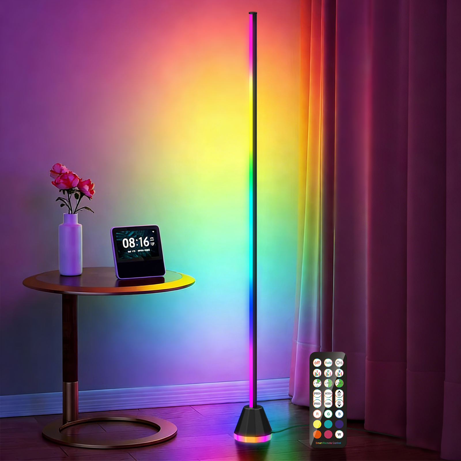 Una lámpara de pie moderna RGB, una mesita con flores y un reloj, y un control remoto.