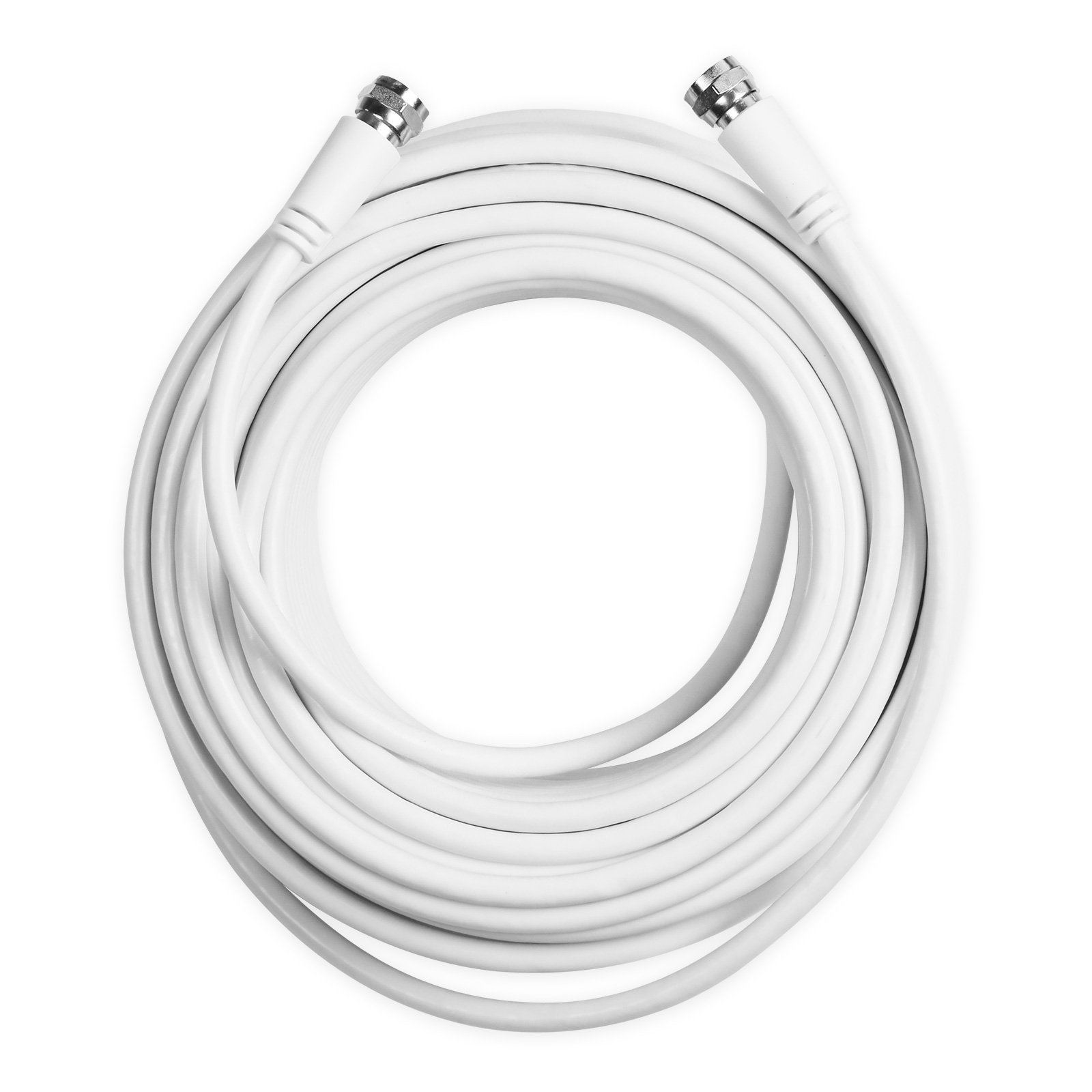 Un cavo coassiale bianco con due connettori argentati, arrotolato.
