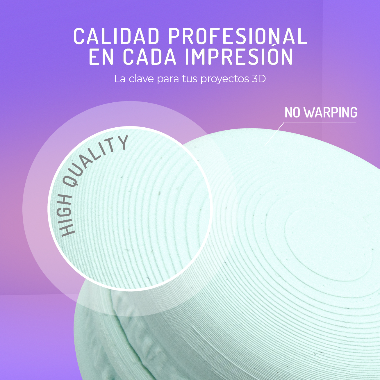 Imagen holográfica con texto sobre calidad de impresión 3D.