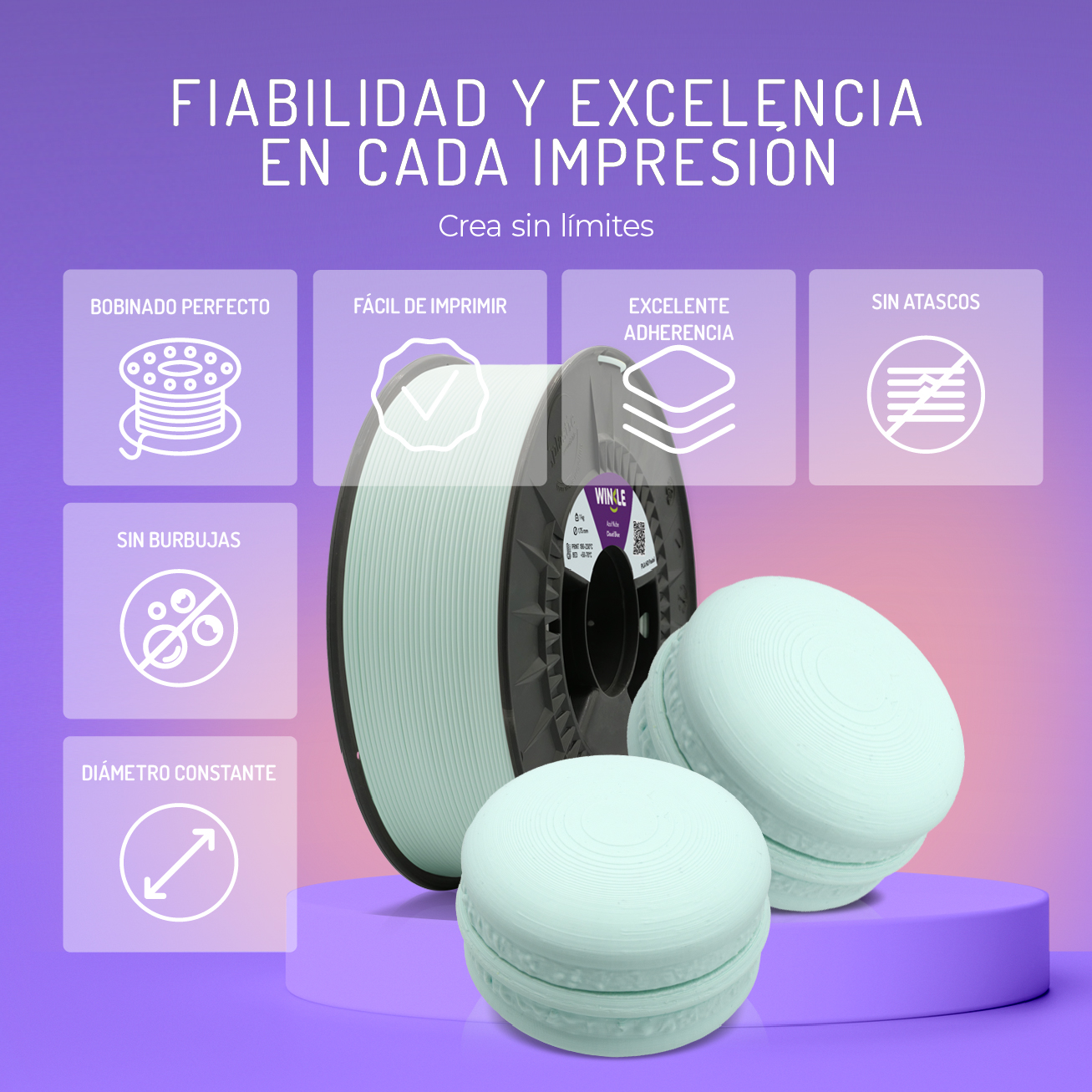 Rollo de impresora 3D con filamento verde menta y formas de macaron en podio.
