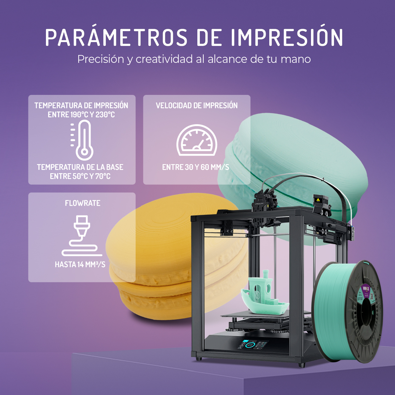 Impresora 3D con carrete turquesa, impresión amarilla y turquesa. Parámetros listados.