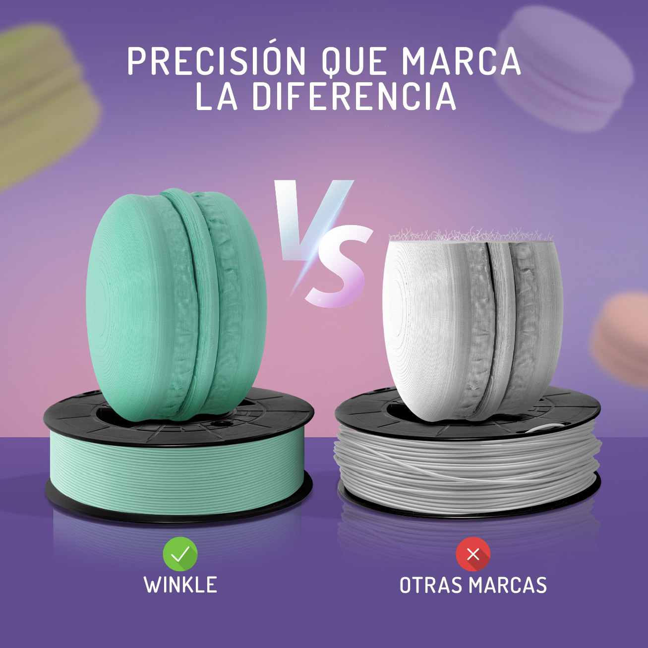 Dos bobinas de filamento de impresión 3D, una verde de WINKLE, una blanca de otras marcas.