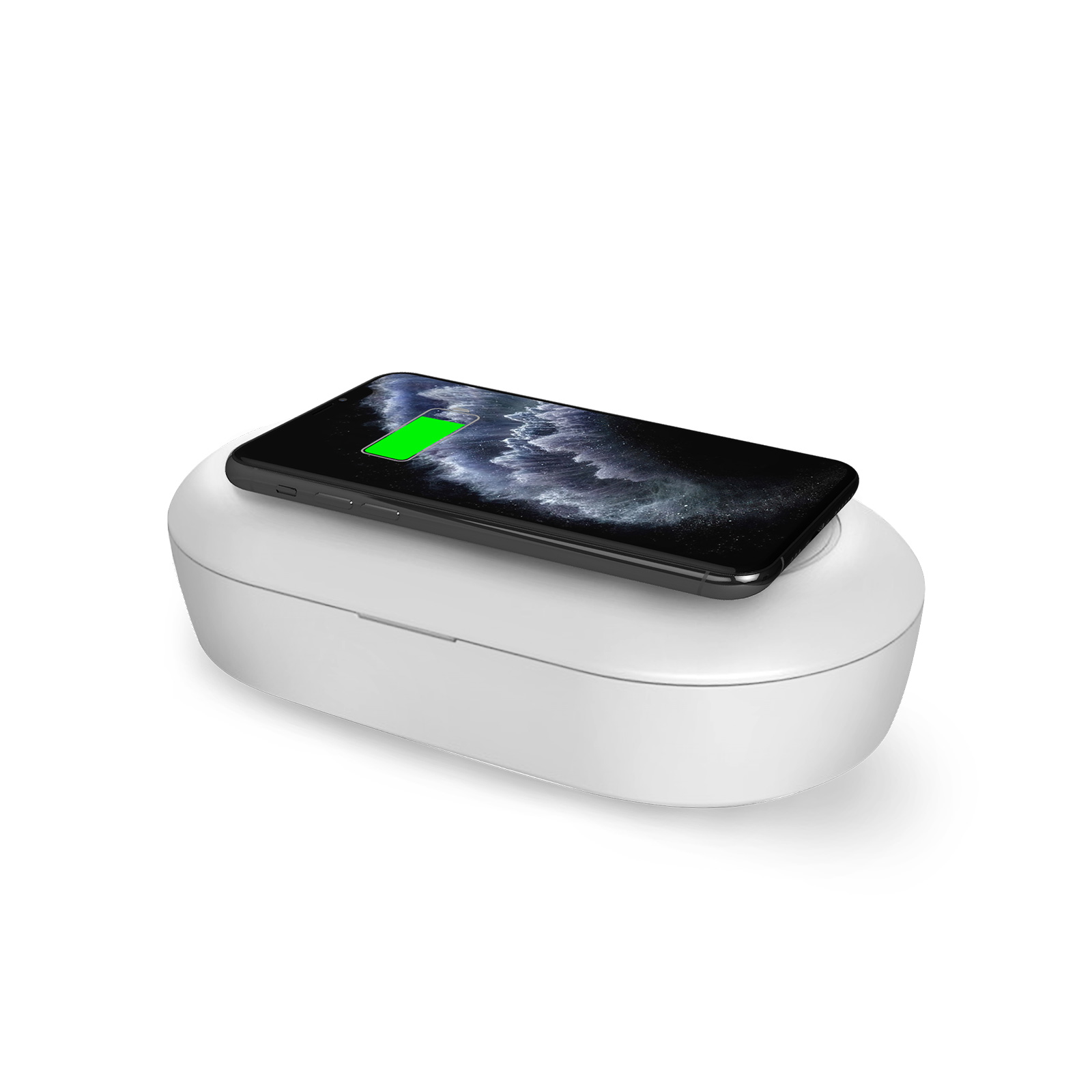 Un teléfono inteligente con batería verde se carga en un estuche de carga blanco.