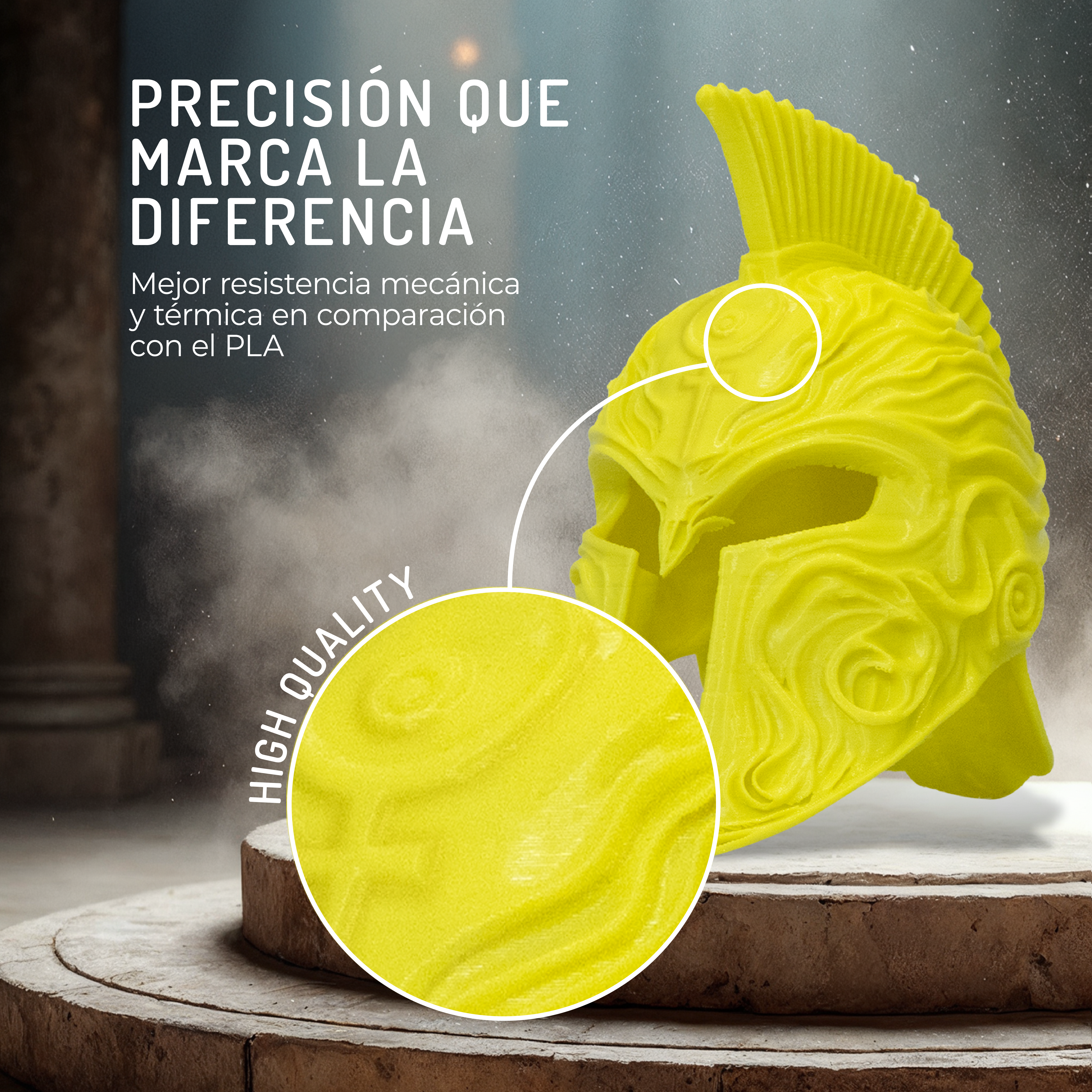 Un casco amarillo con detalles ornamentados sobre un escalón de piedra.