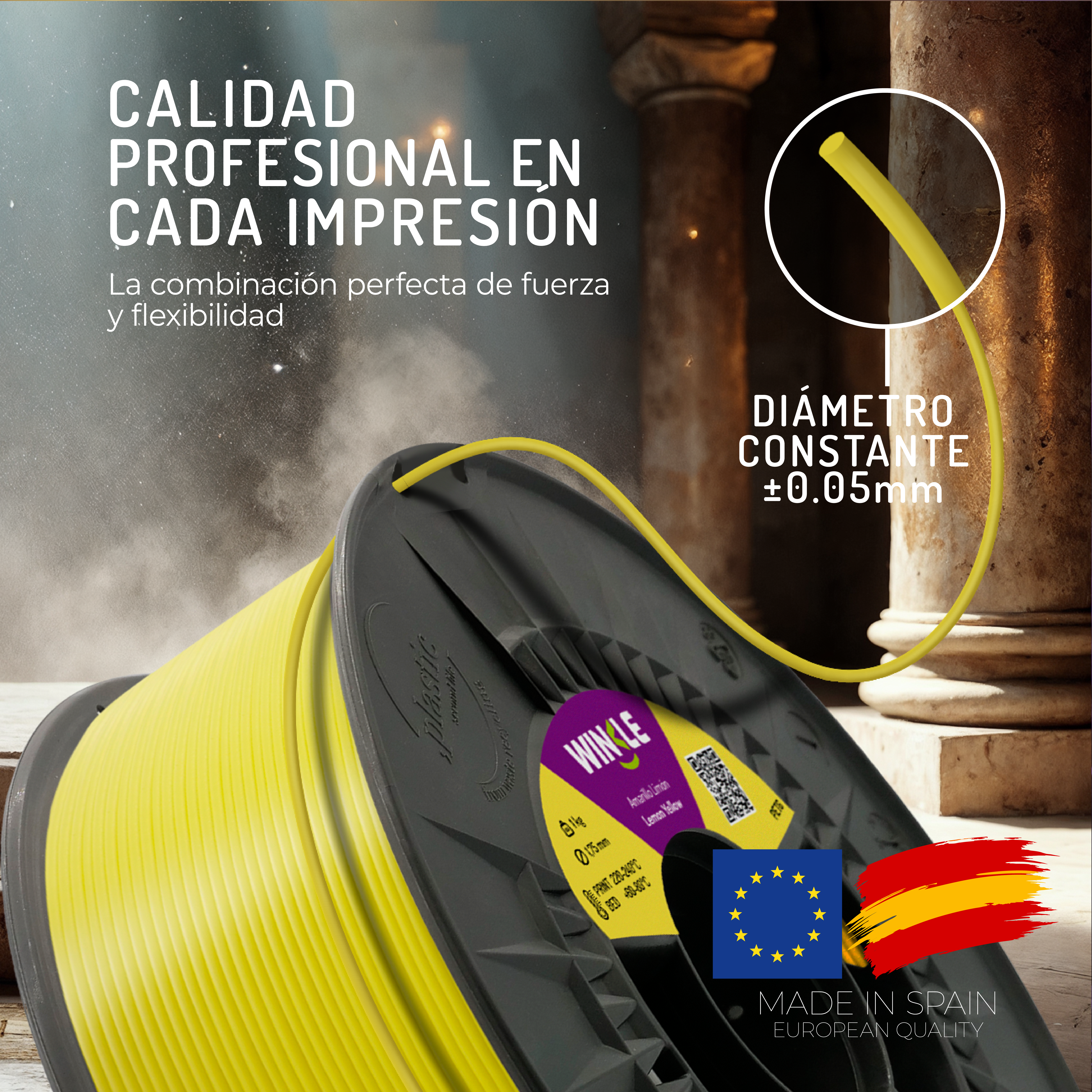 Un carrete de filamento amarillo para impresión 3D con banderas de España y UE.