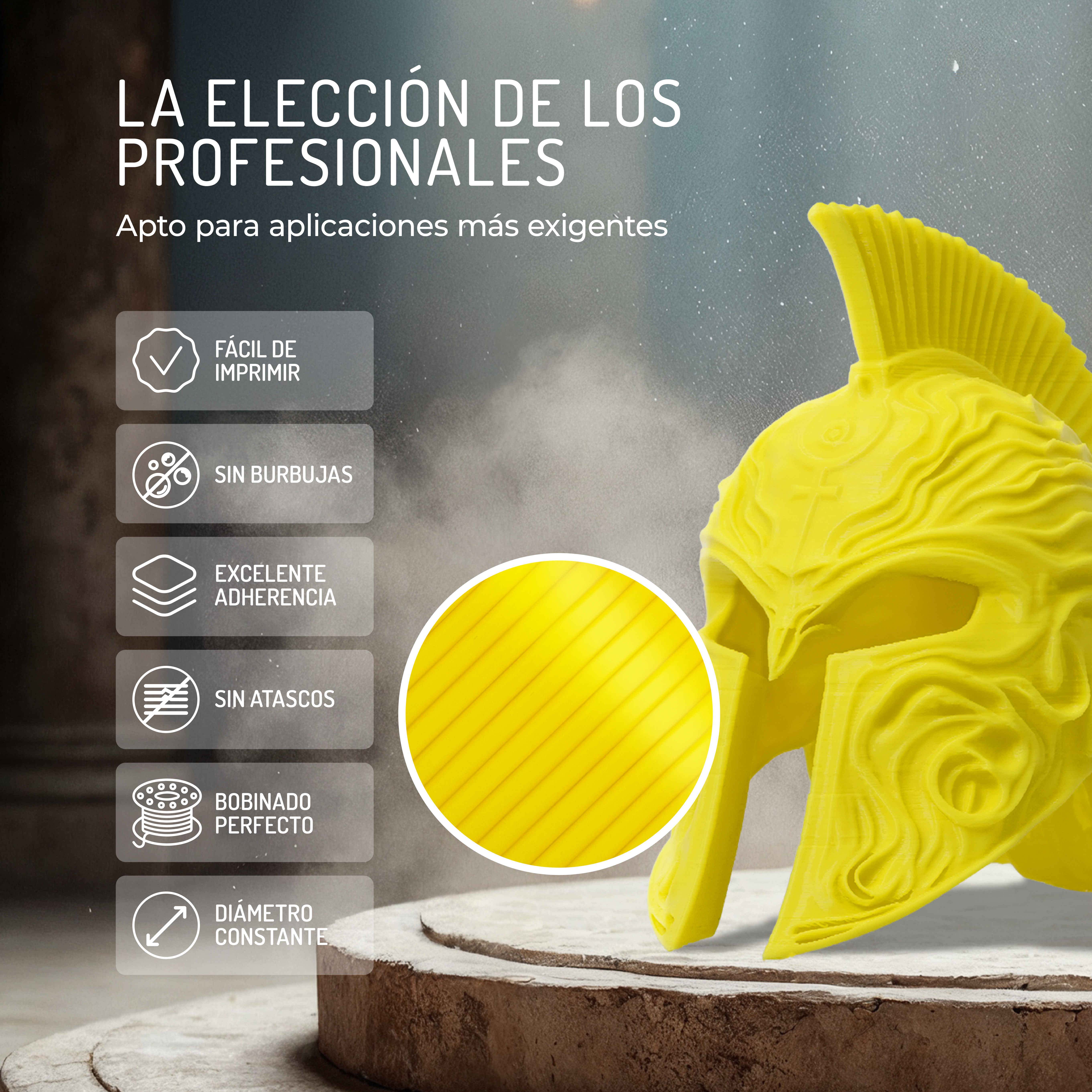 Un casco impreso en 3D amarillo con texto e íconos sobre fondo gris.