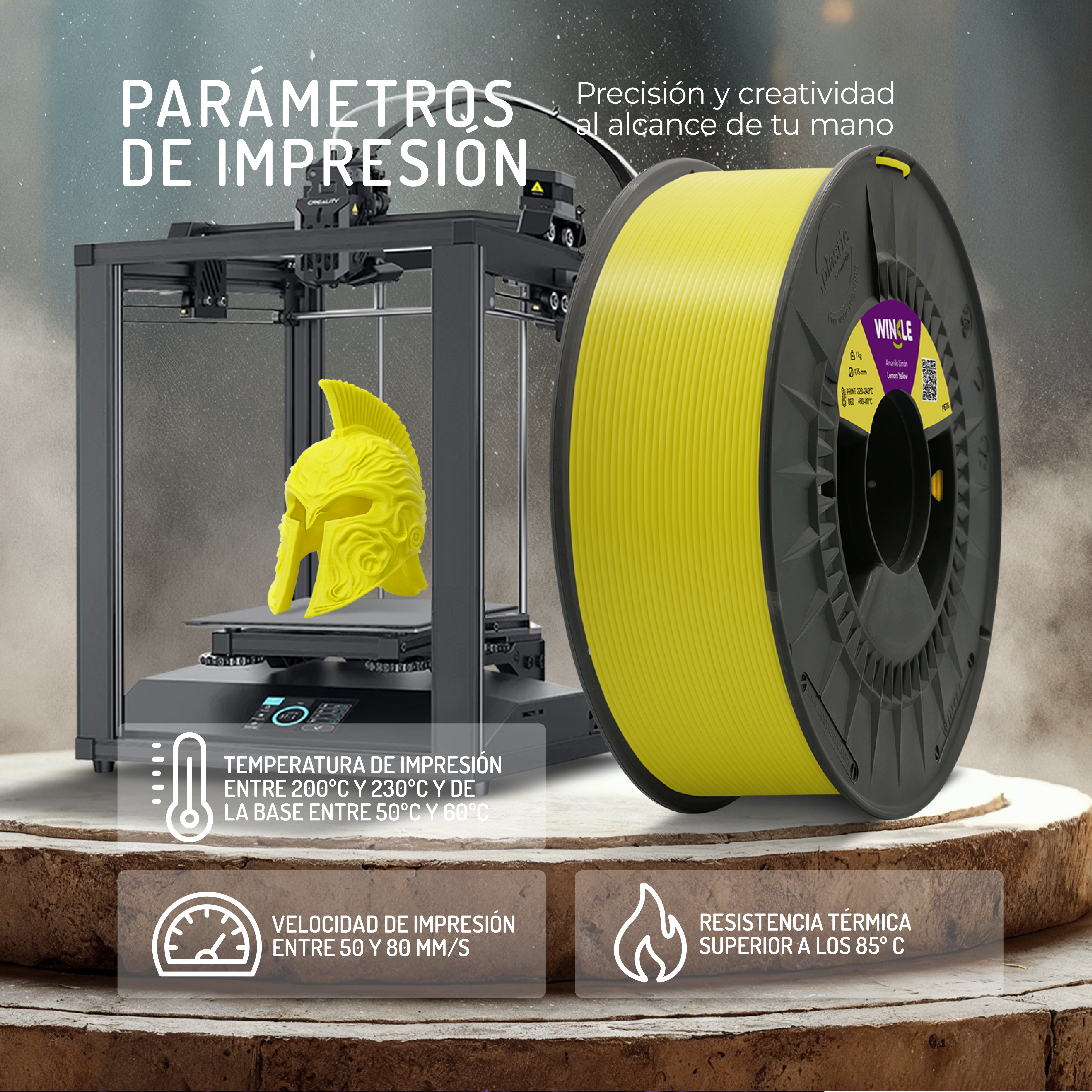 Impresora 3D con rollo de filamento amarillo, casco amarillo e datos técnicos.
