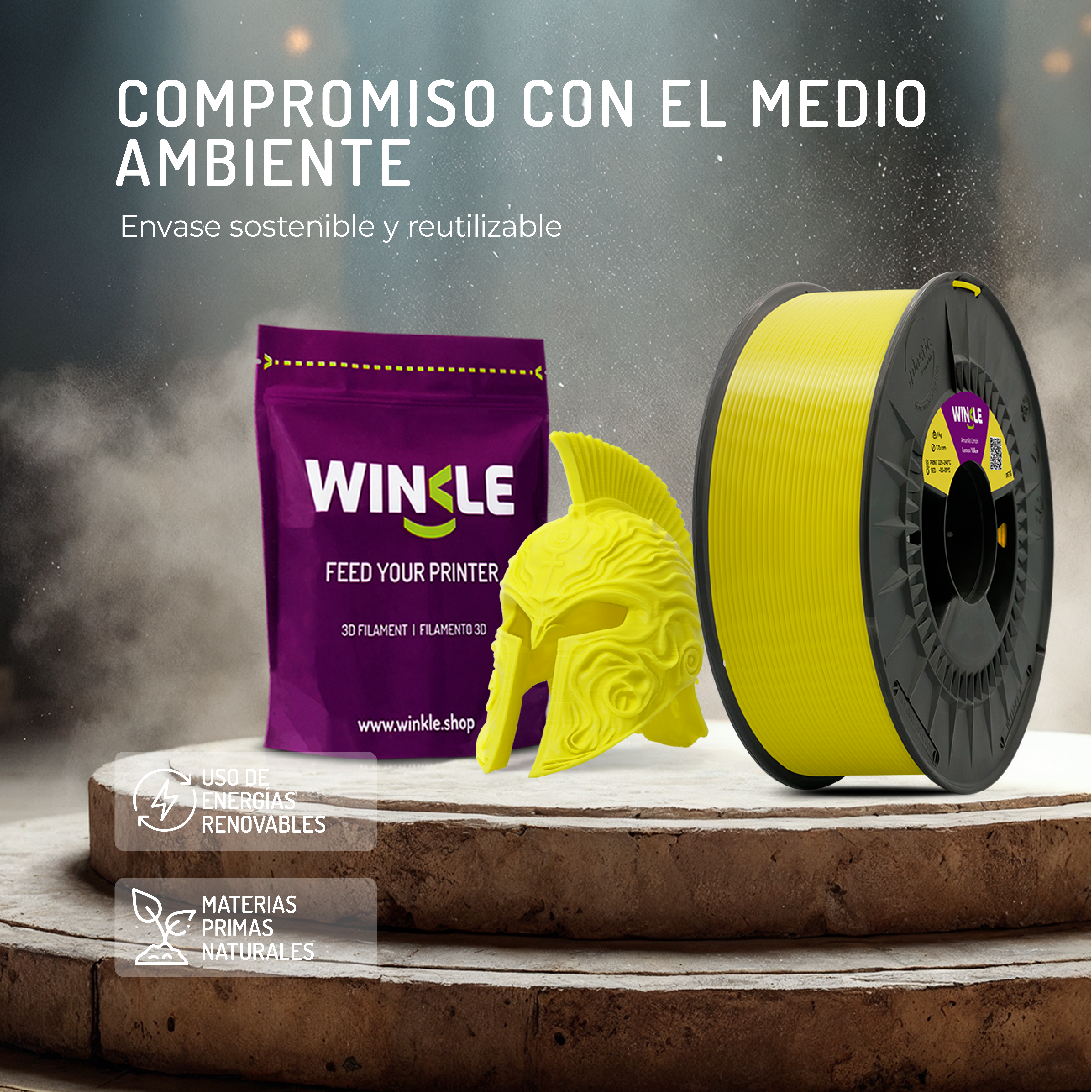 Filamento amarillo para impresora 3D, bolsa morada y casco.