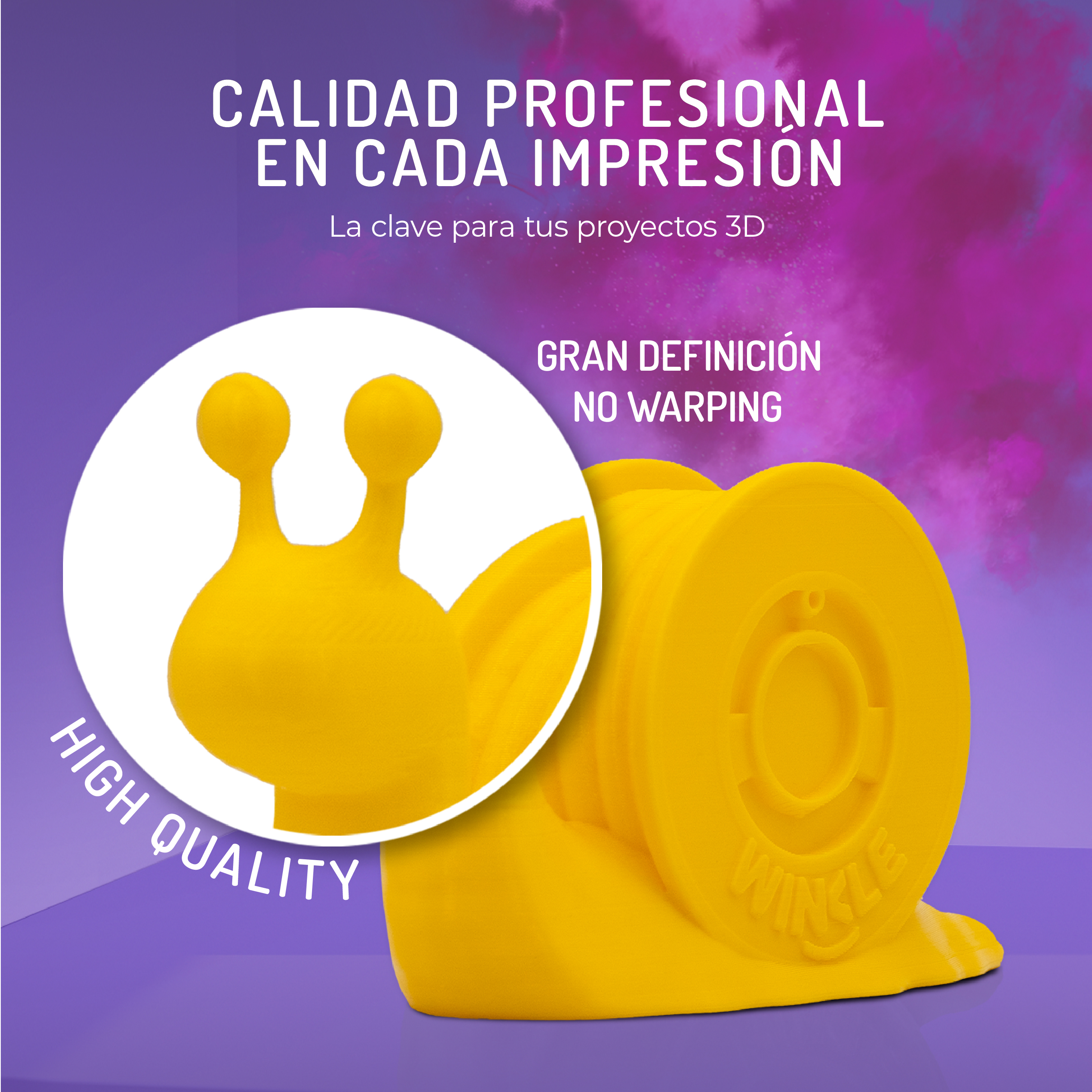 Un dije de caracol impreso en 3D, amarillo, con texto.