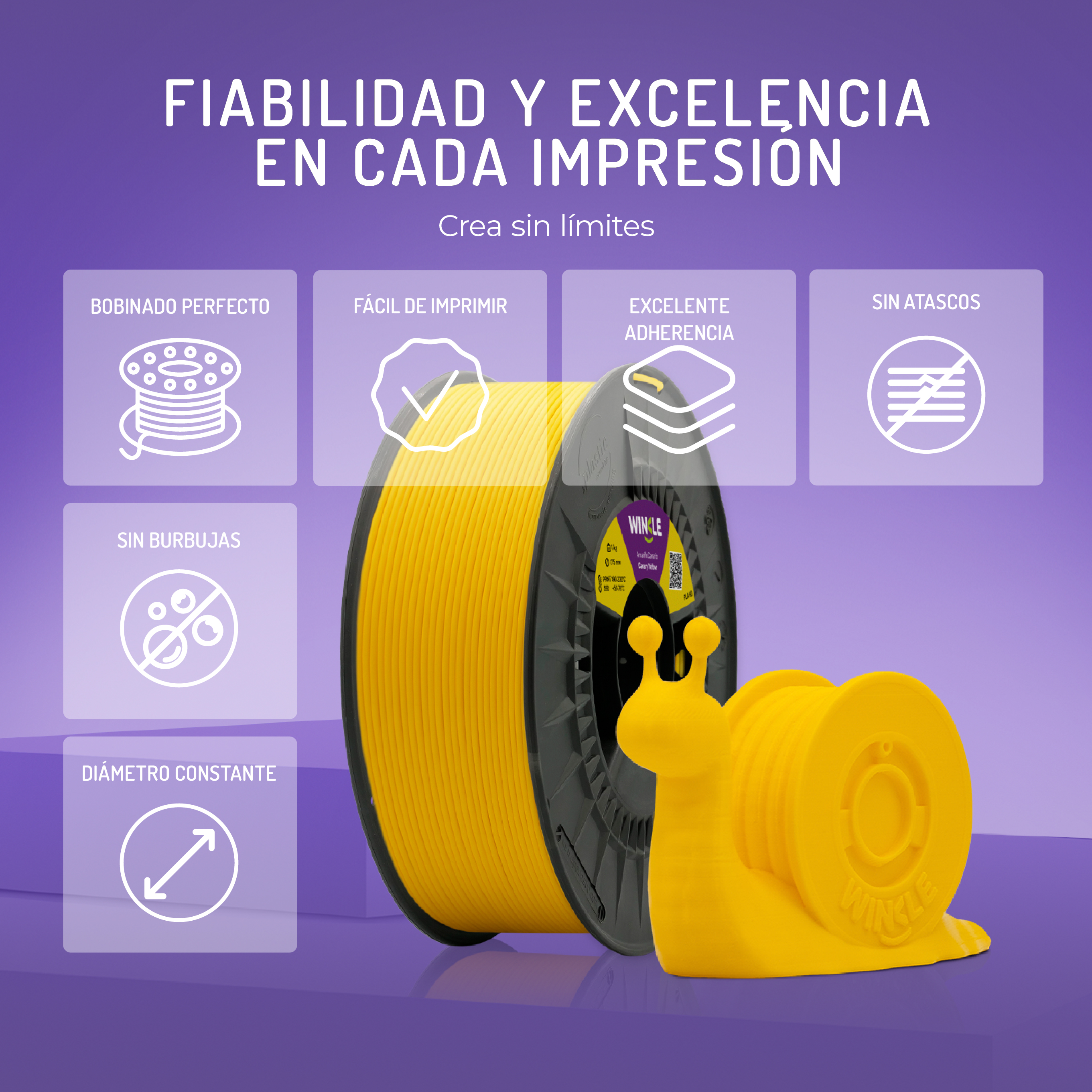 Bobina de filamento 3D amarillo con figura de caracol. Texto en español.