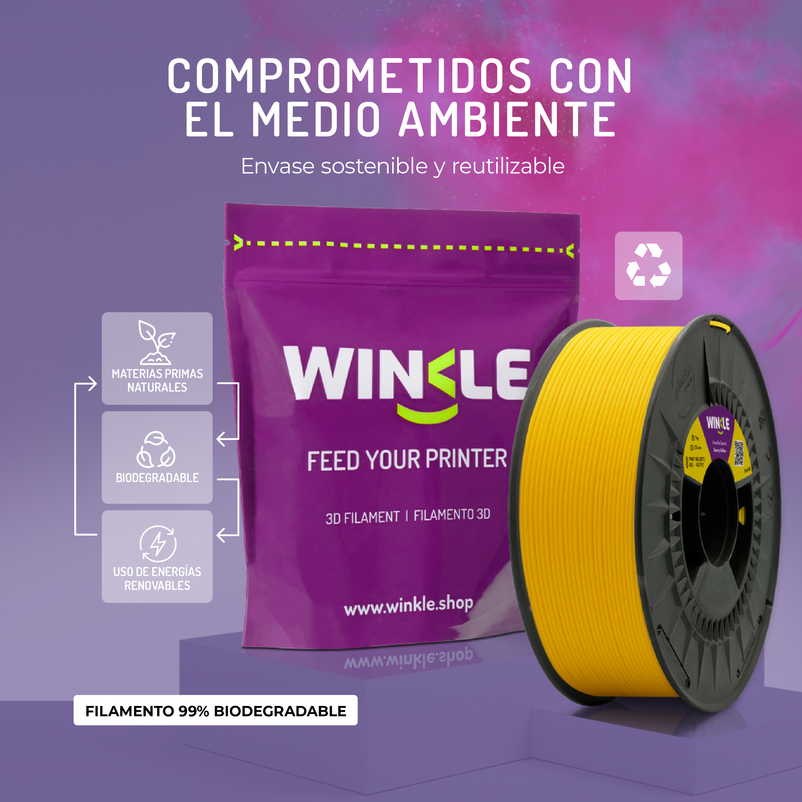 Bobina de filamento 3D amarillo junto a una bolsa morada con logo Winkle y eco.