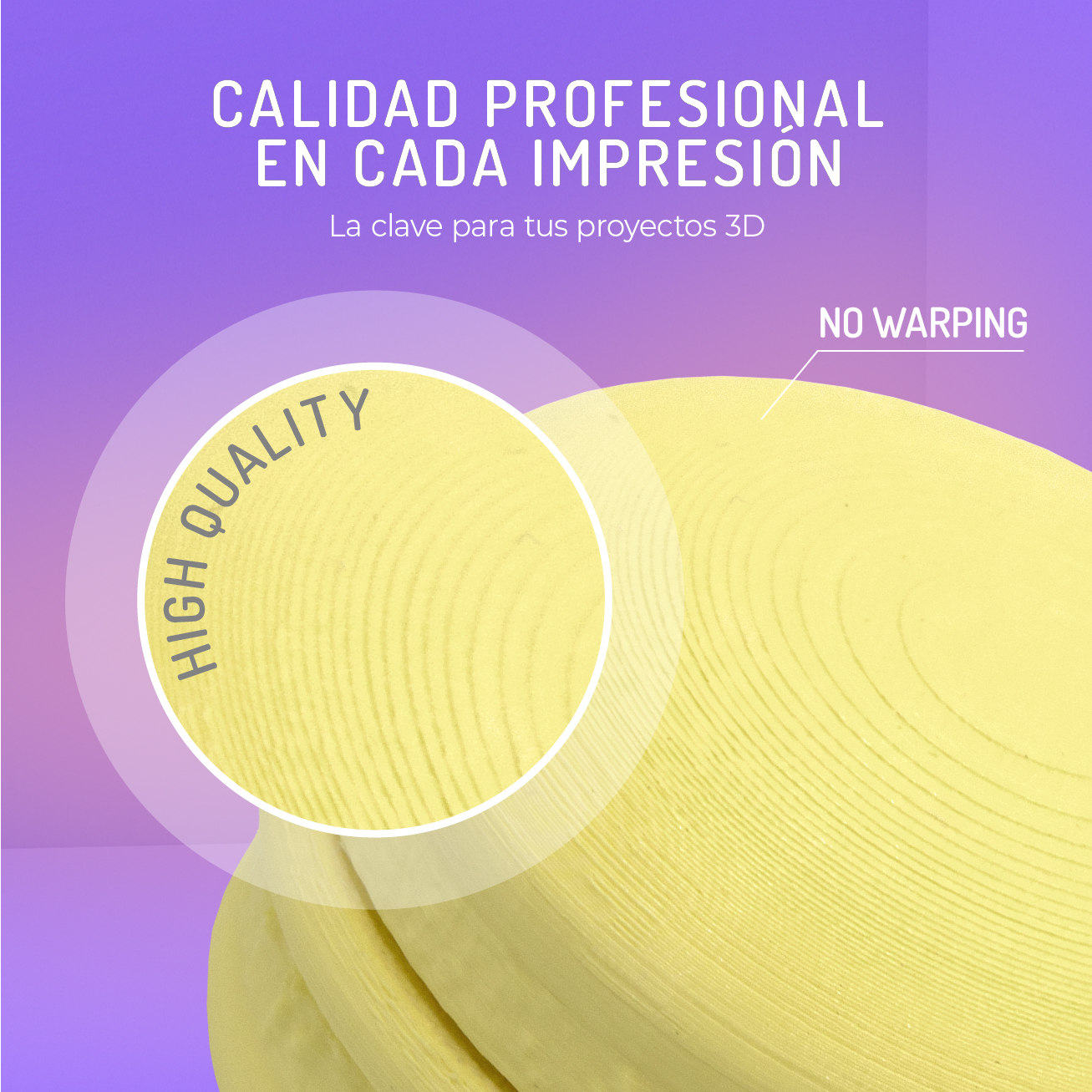 Calidad profesional en cada impresión. Objeto amarillo con texto.