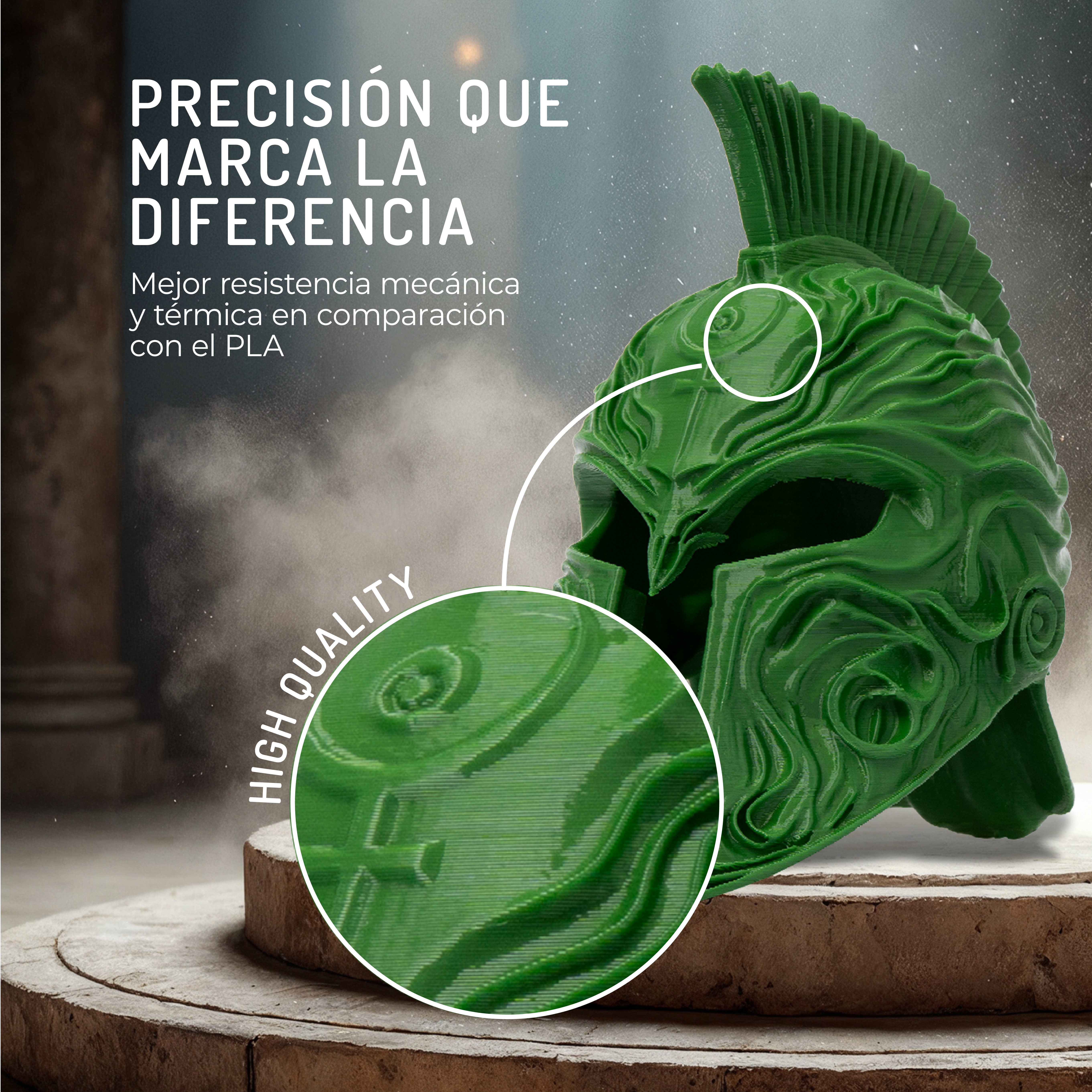 Casco verde impreso en 3D sobre pedestal, primer plano detallado muestra capas.